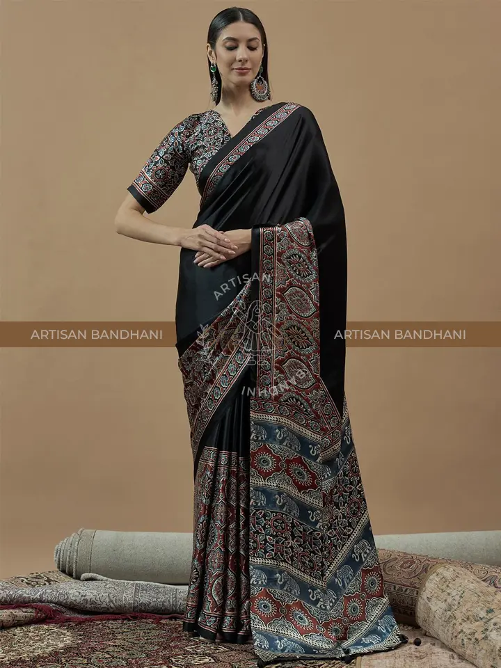 Ajrak Block Poly Crepe Block Print Saree