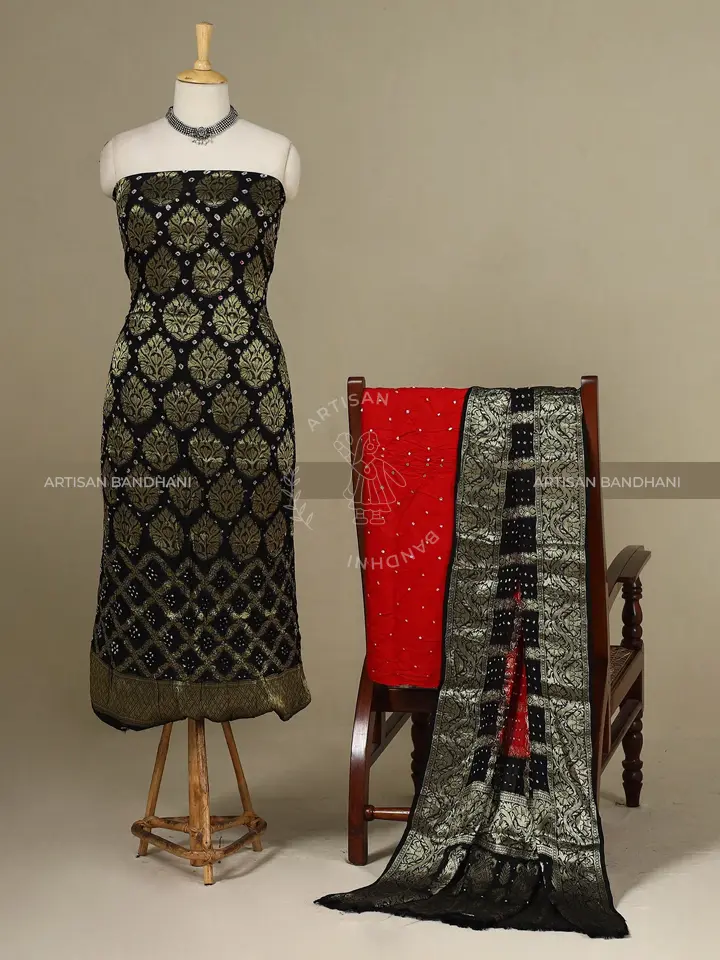 Black - 3pc Tie-Dye Heavy Zari Work Unstitched Bandhani