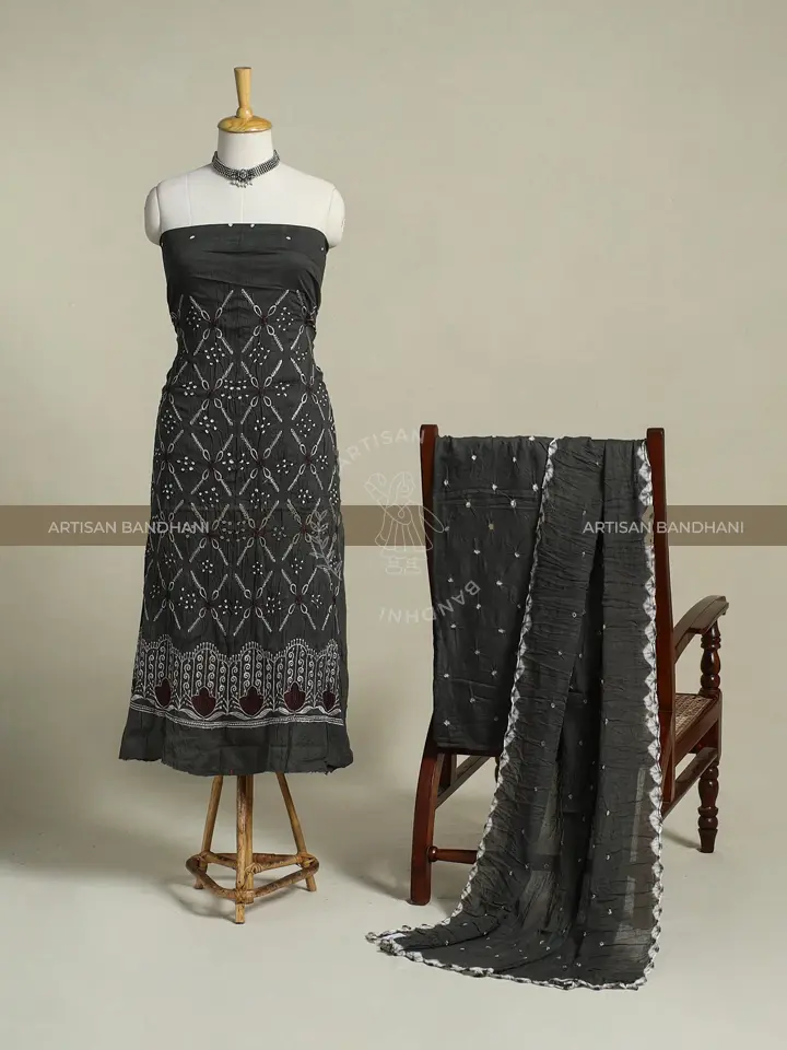 Black - 3pc Embroidered Unstitched Kutch Bandhani Dress Material