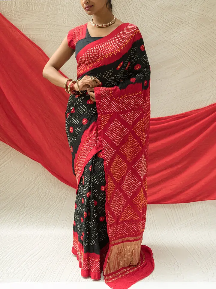 Gajji Red Black Bandhej Saree
