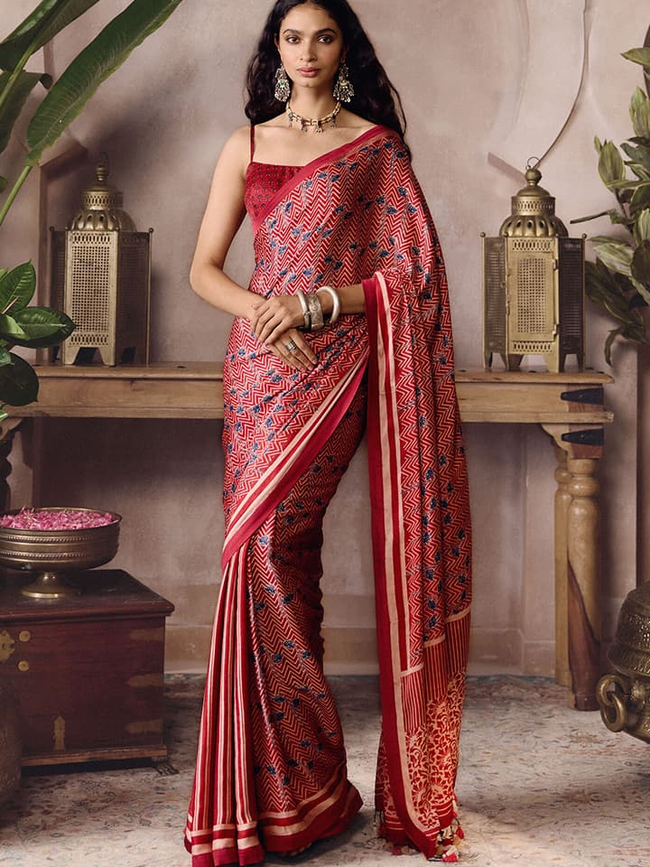 Fiann Ajrakh Hand-block Printed Saree - Red