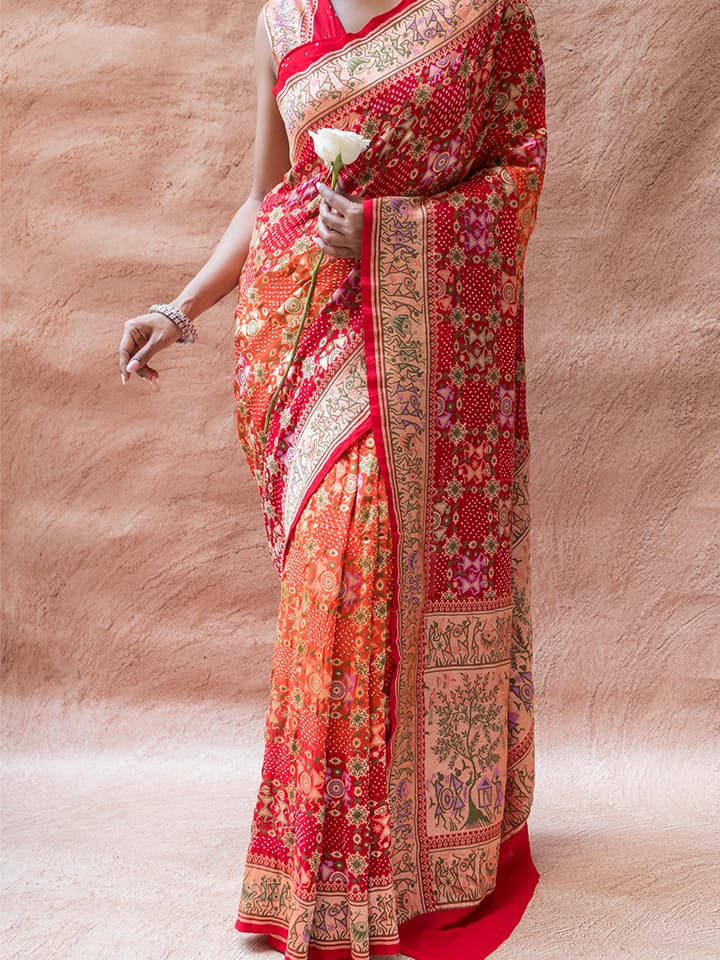 Georgette Warli Jaal Weaving Ombre Orange-Red Bandhej Saree