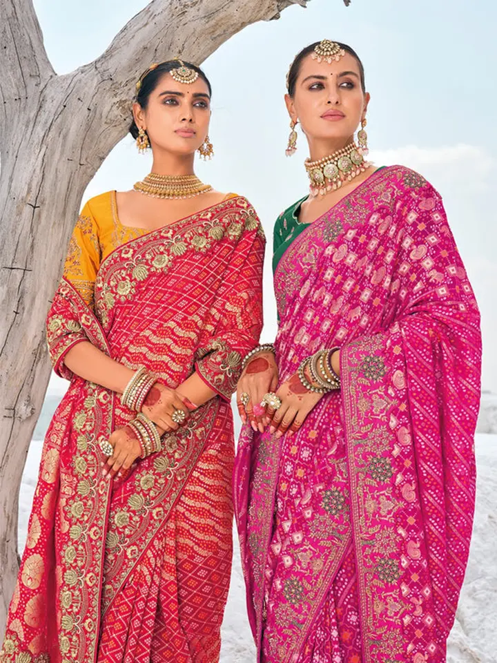 Rani Pink & Orange Dola Silk Bandhani Woven Saree with Unstitched Blouse