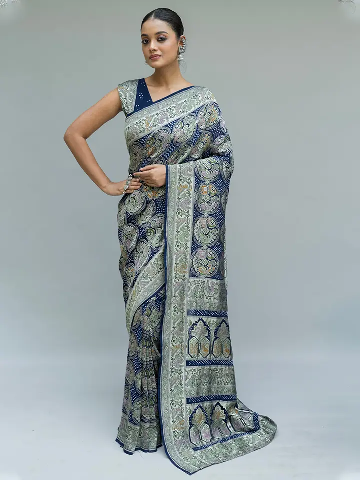 Georgette Patola Boota Meenakari Royal Blue Bandhej Saree
