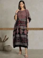 Women Ajrakh Printed Kimono Sleeve Kaftan Midi Dress