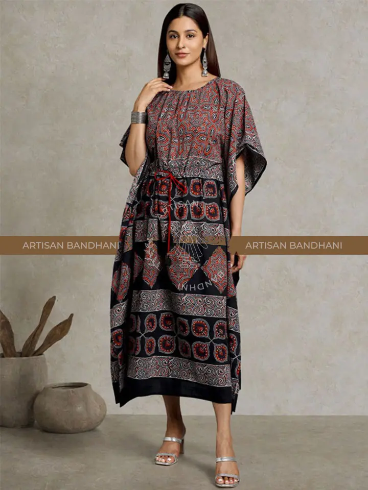 Women Ajrakh Printed Kimono Sleeve Kaftan Midi Dress