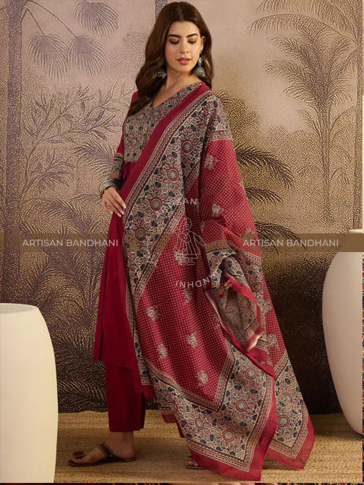 Ajrakh Printed Cotton A-Line Kurta & Trousers with Dupatta Set