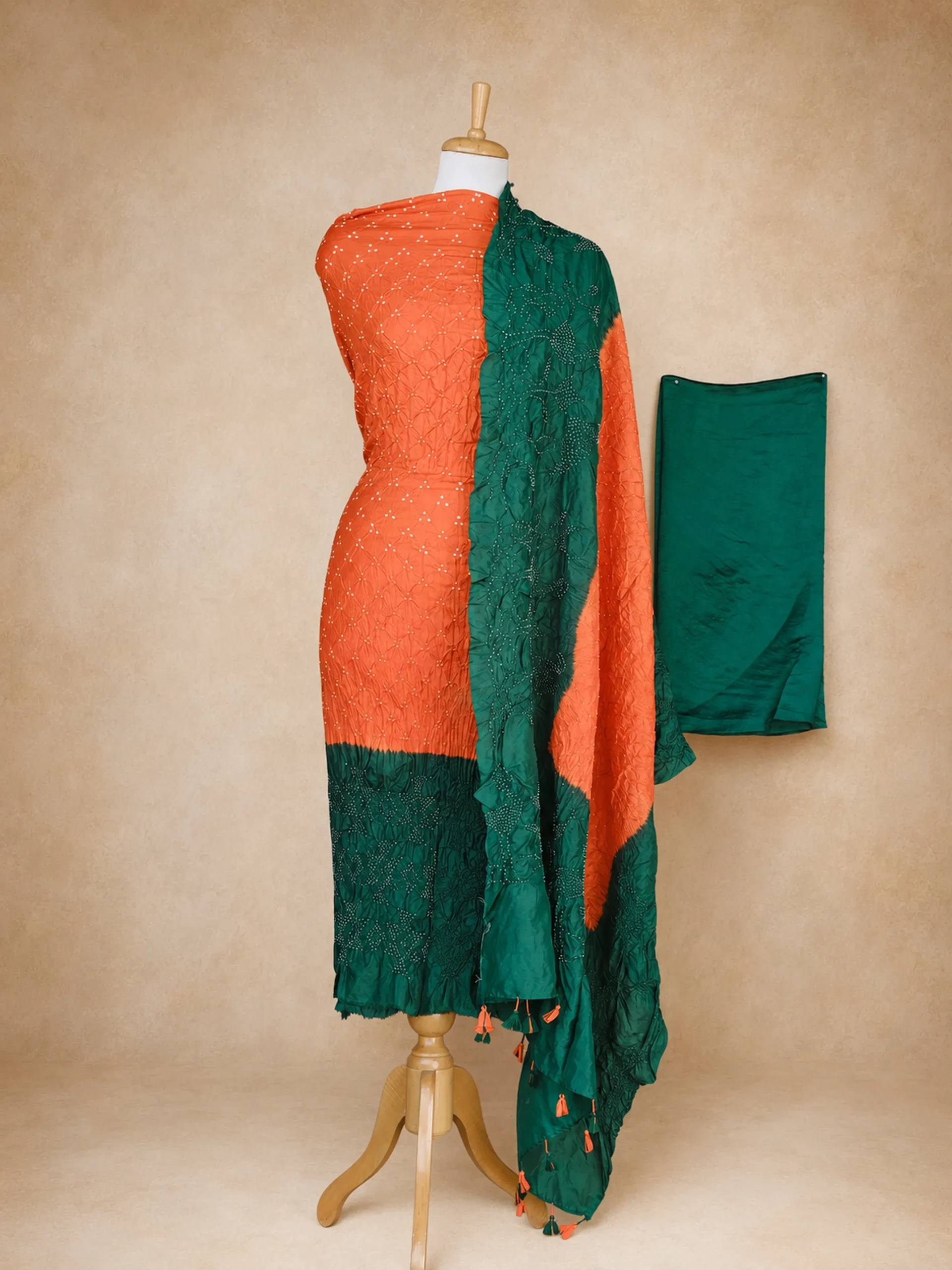 Handcrafted Pure Katan Silk Bandhani Suit Set | Green & Orange