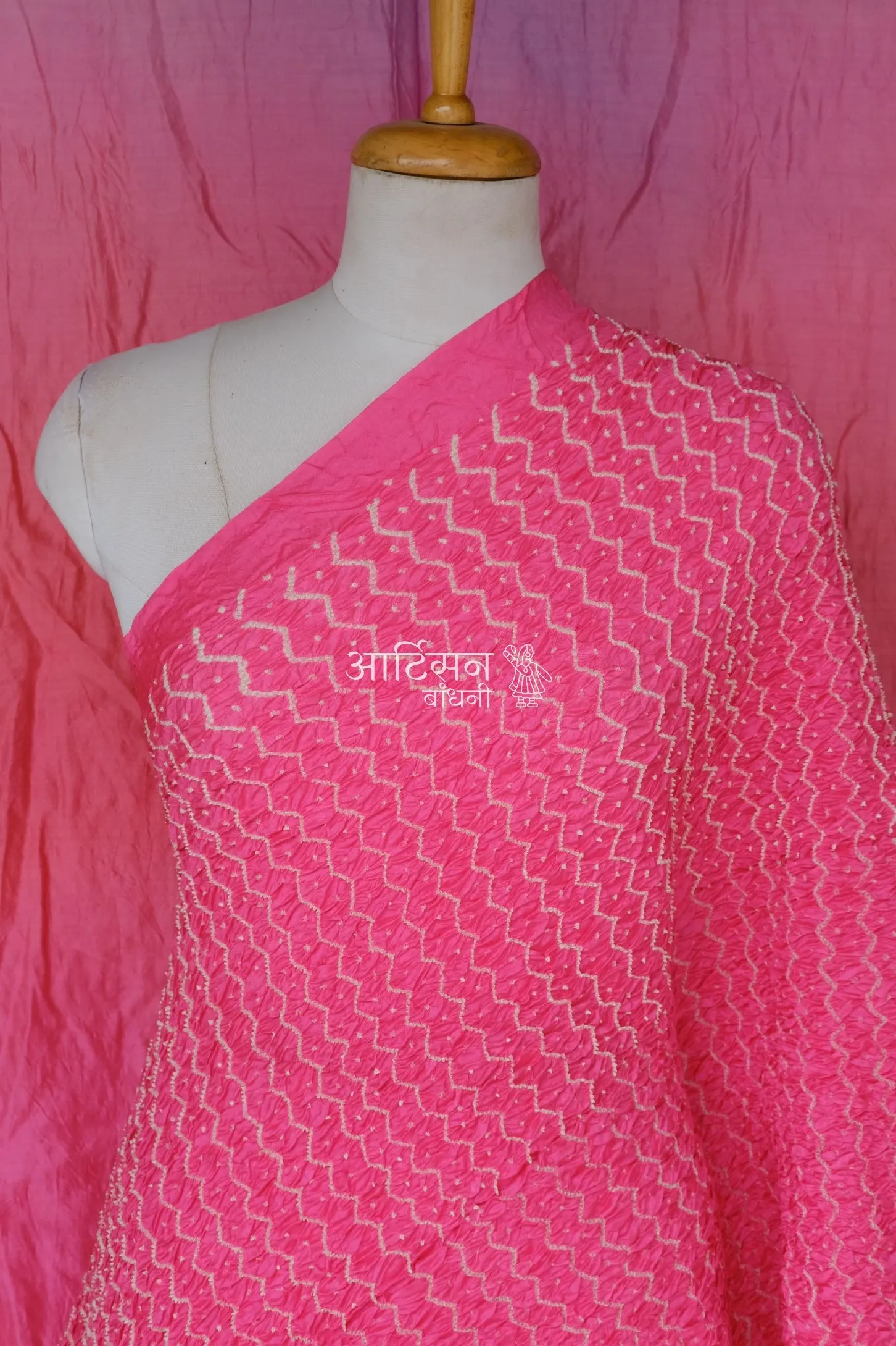Pink Bandhani Saree in Chanderi Cotton Silk