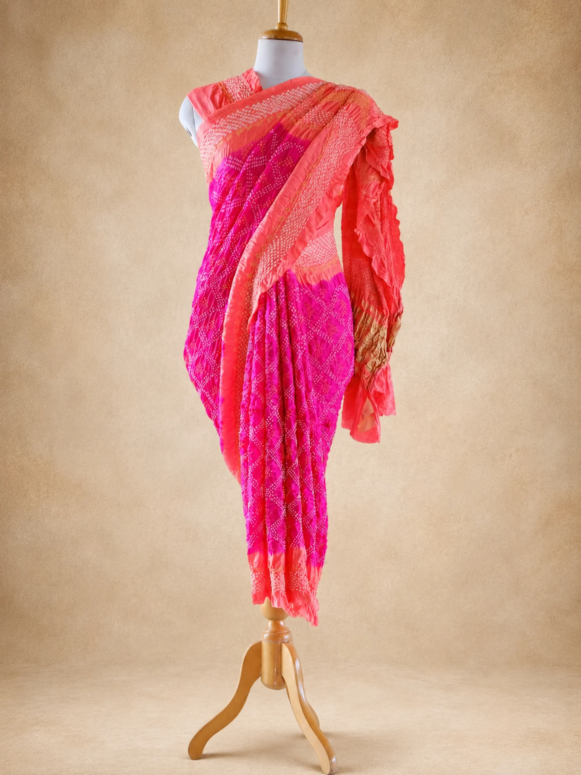 Crimson Bandhani Saree in Pure Gaji Silk