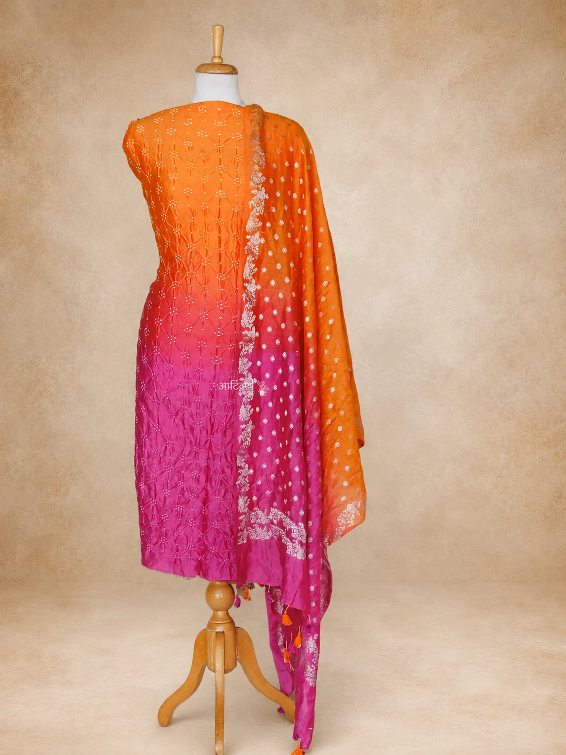 The Gulnaar Collection – Pure Chanderi Cotton Silk Suit Set in Rani Pink and Orange