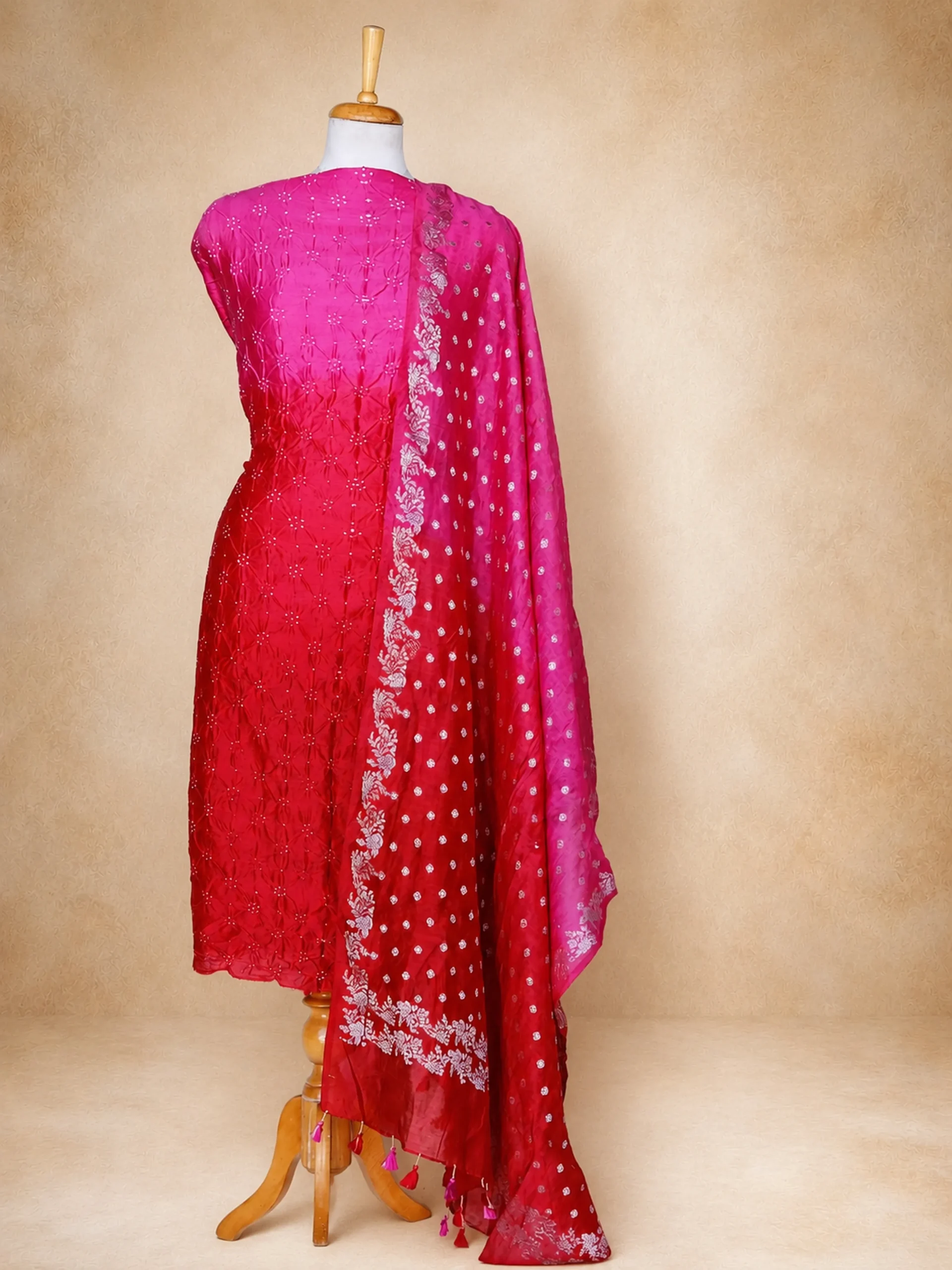 Curated Luxury Chanderi Silk Dress Material in Shades of Red and Pink
