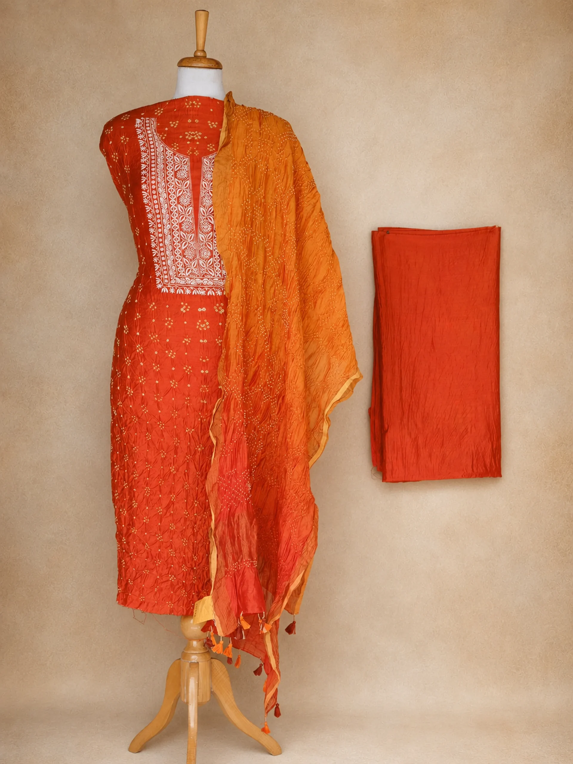The Imperial Collection – Pure Munga Silk Chikankari Suit Set in Shades of Orange