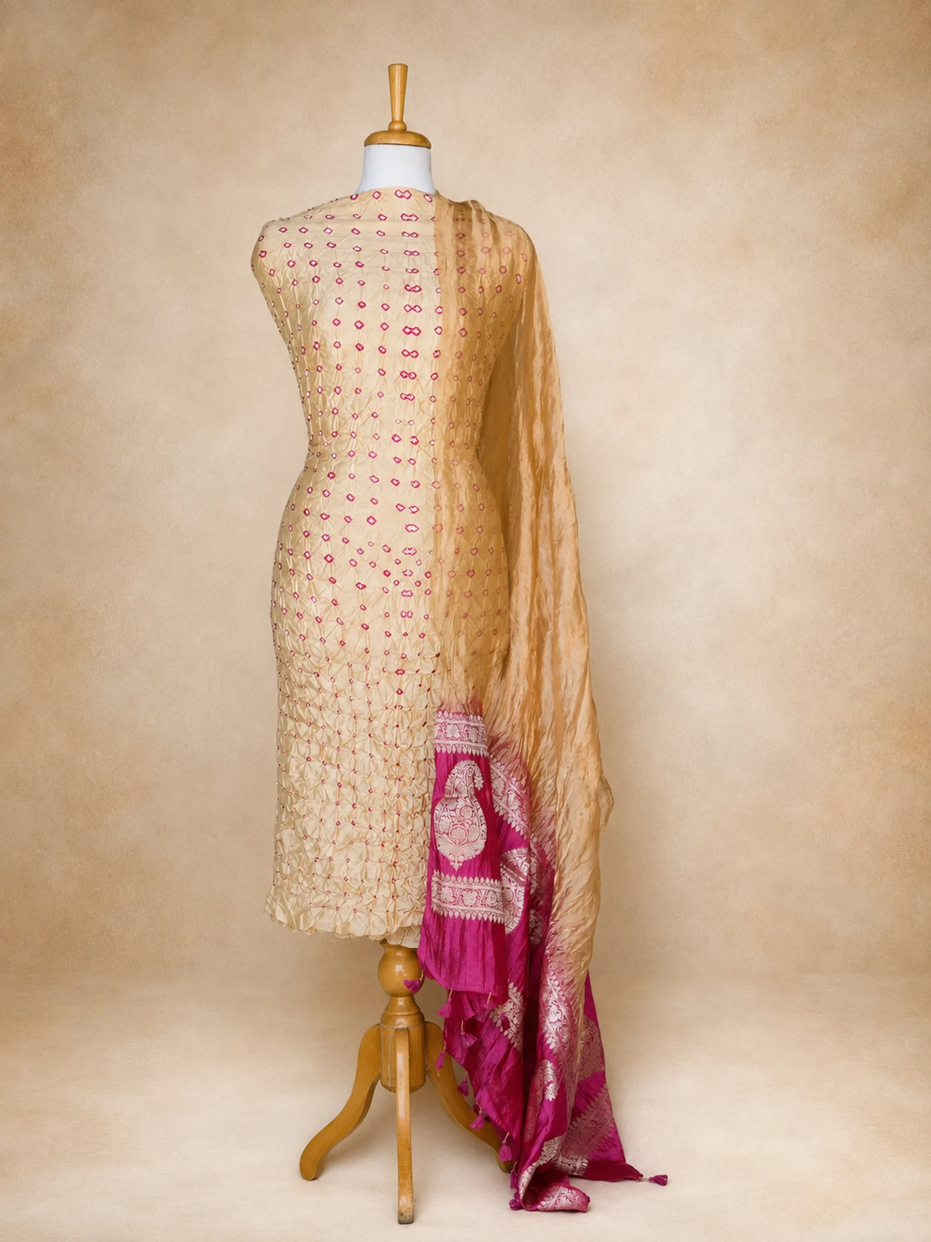 Premium Cream & Pink Chiniya Silk Unstitched Suit | Textured Tussar Dupatta