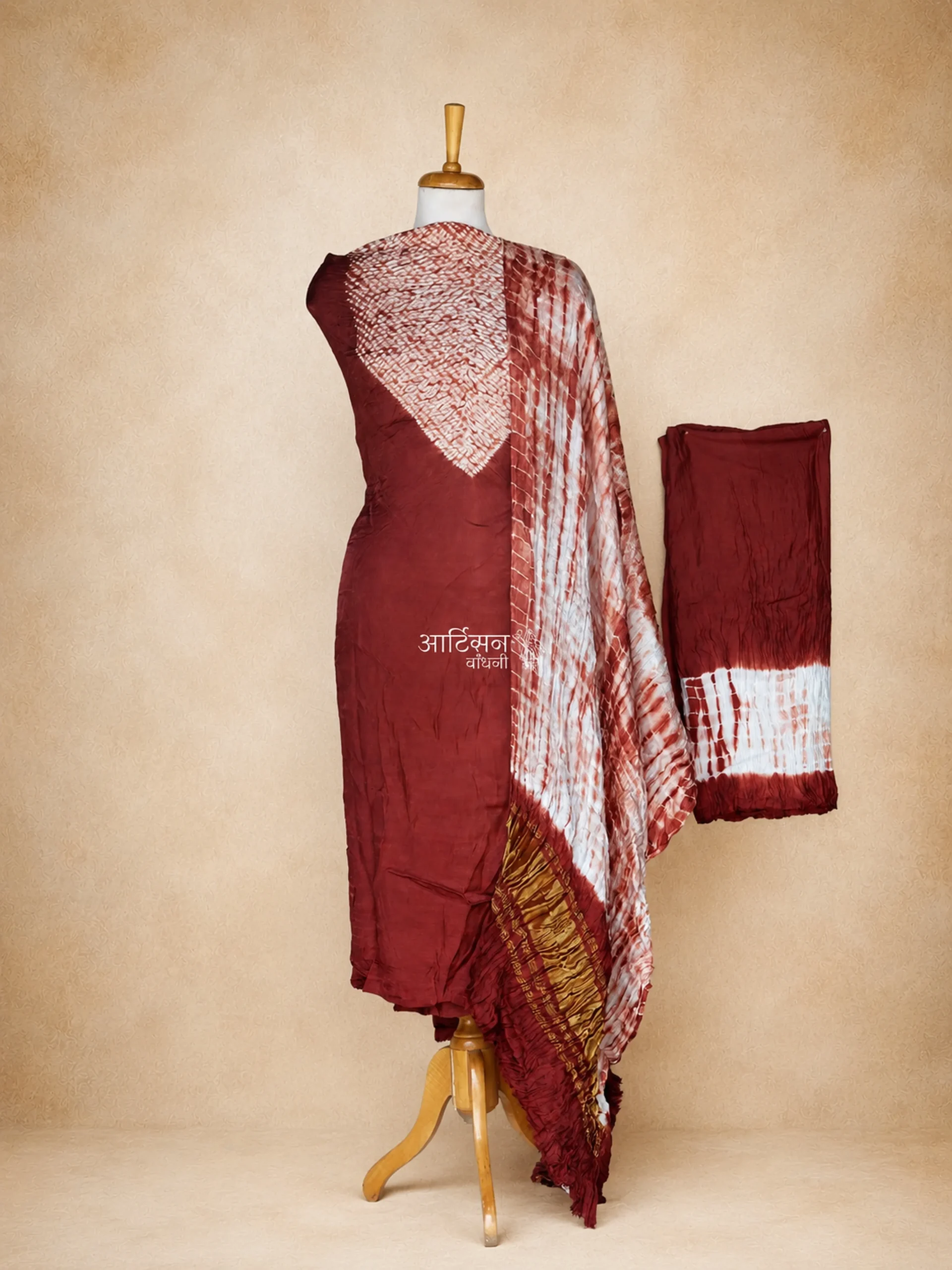 Curated Luxury Modal Silk Shibori Dress Material in Shades of Brown