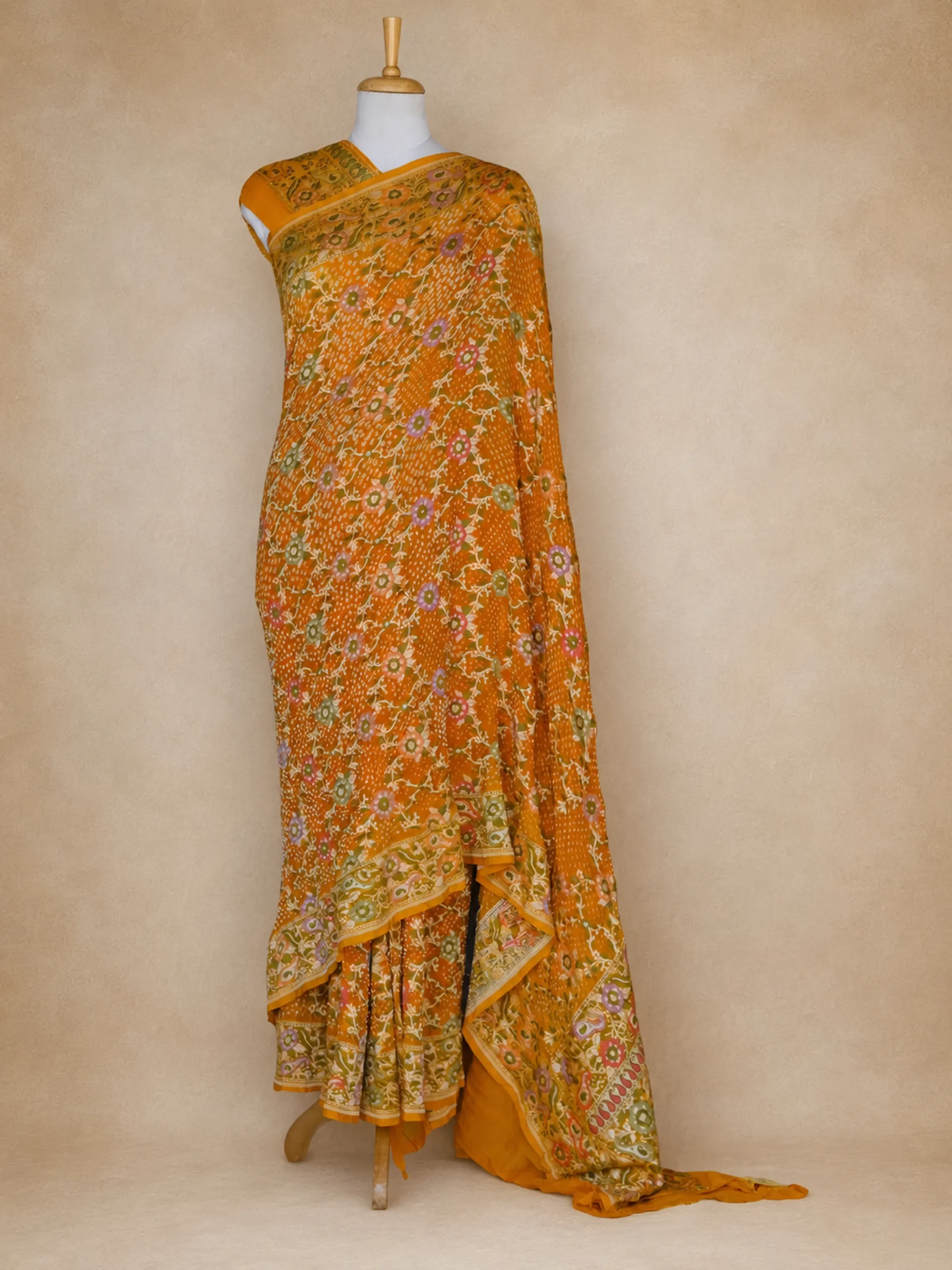Mustard Yellow Bandhani Saree in Pure Georgette