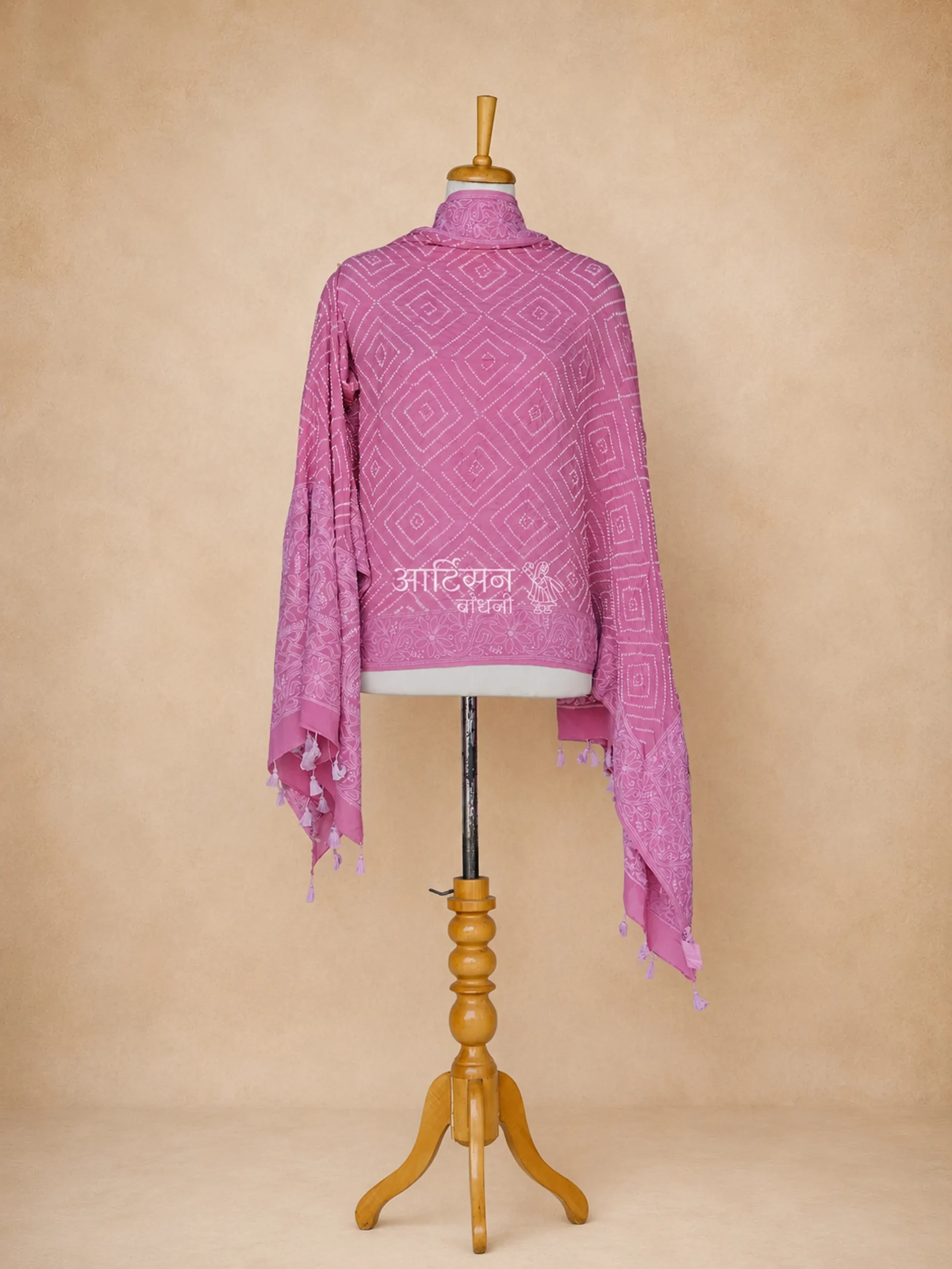 Pastel Whisper - Ivory Lakhnavi Embroidered Bandhani Dupatta