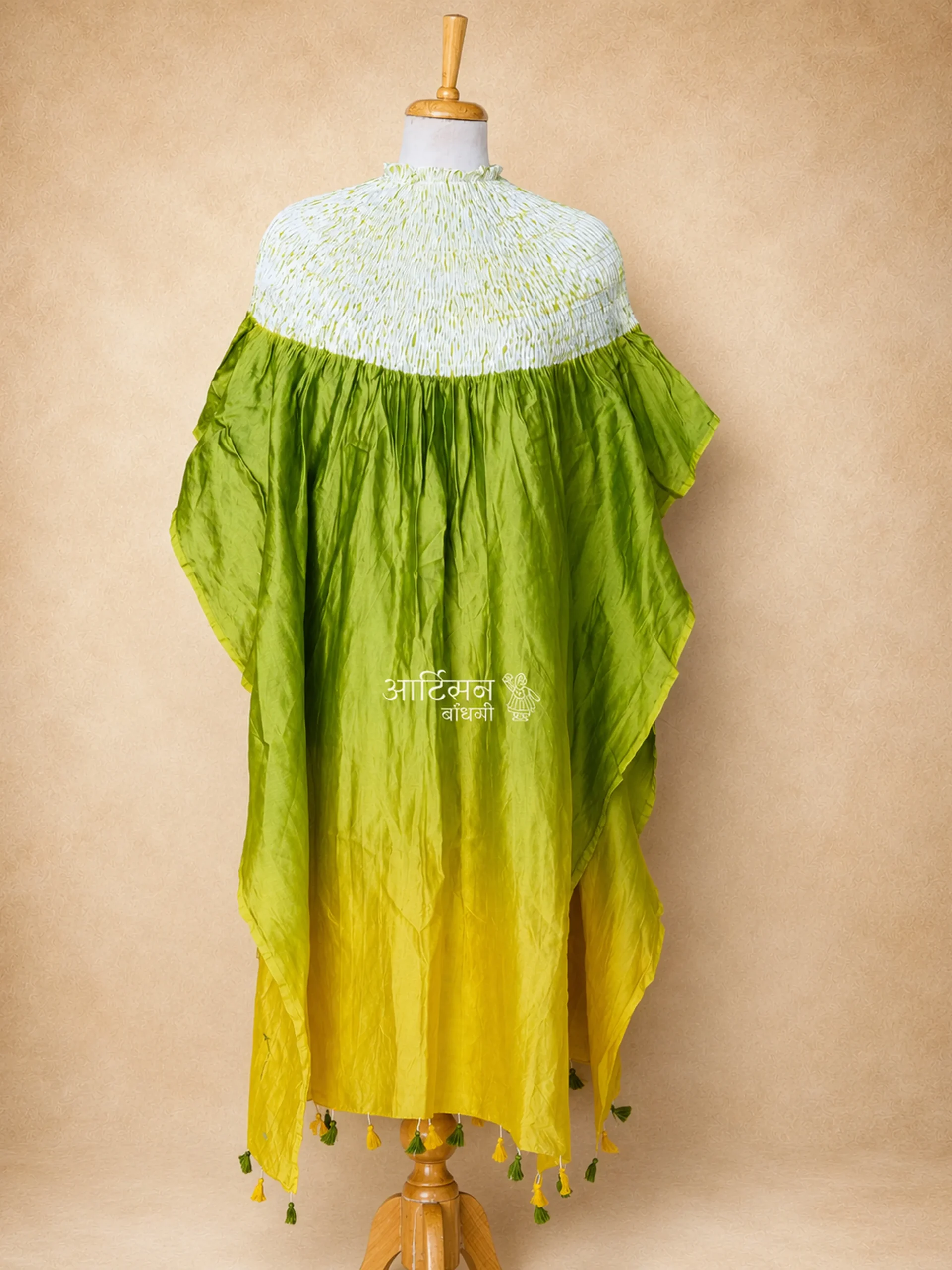 Shibori Yellow and Green Chanderi Kaftan