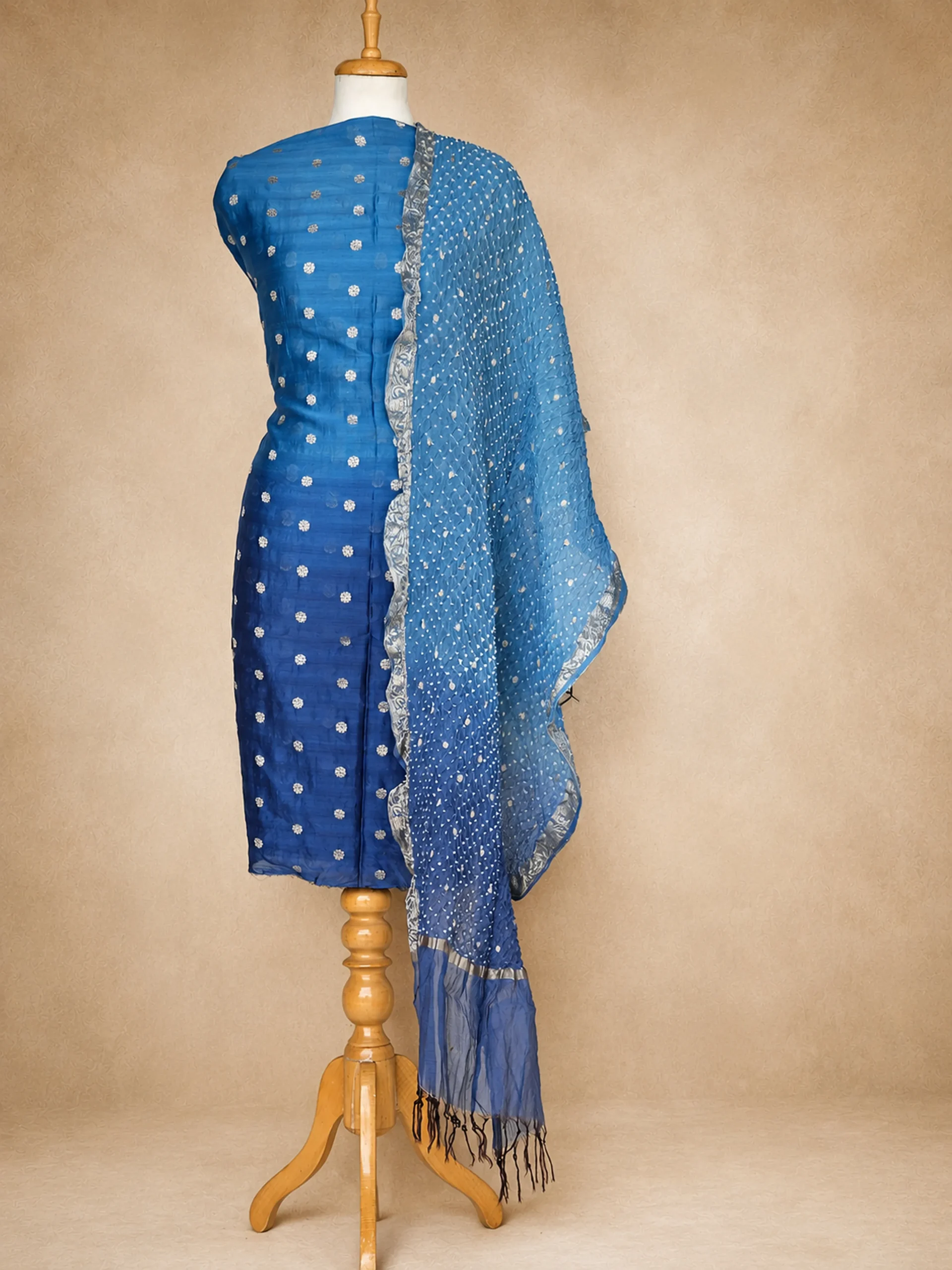 Sculpted Blue Raw Silk Fabric Coordinates with Translucent Chanderi