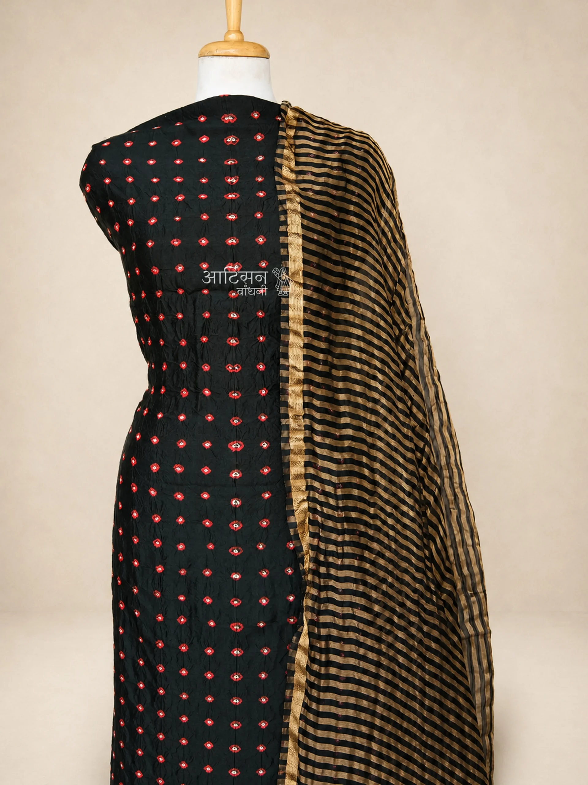 Premium Black Chiniya Silk Unstitched Suit Material | Raw Tussar Dupatta