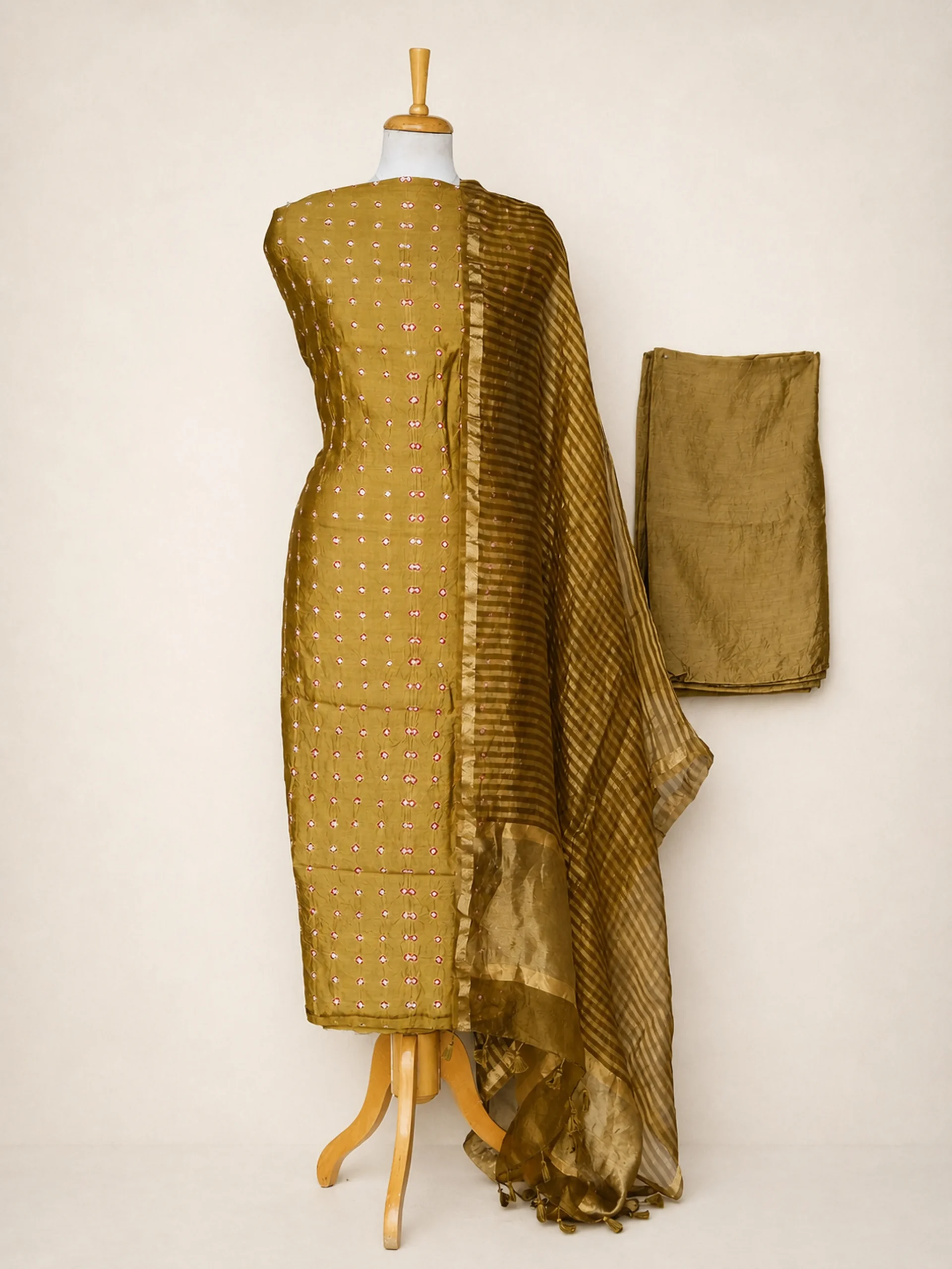 Premium Mustard Yellow Chiniya Silk Dress Material with Tussar Dupatta