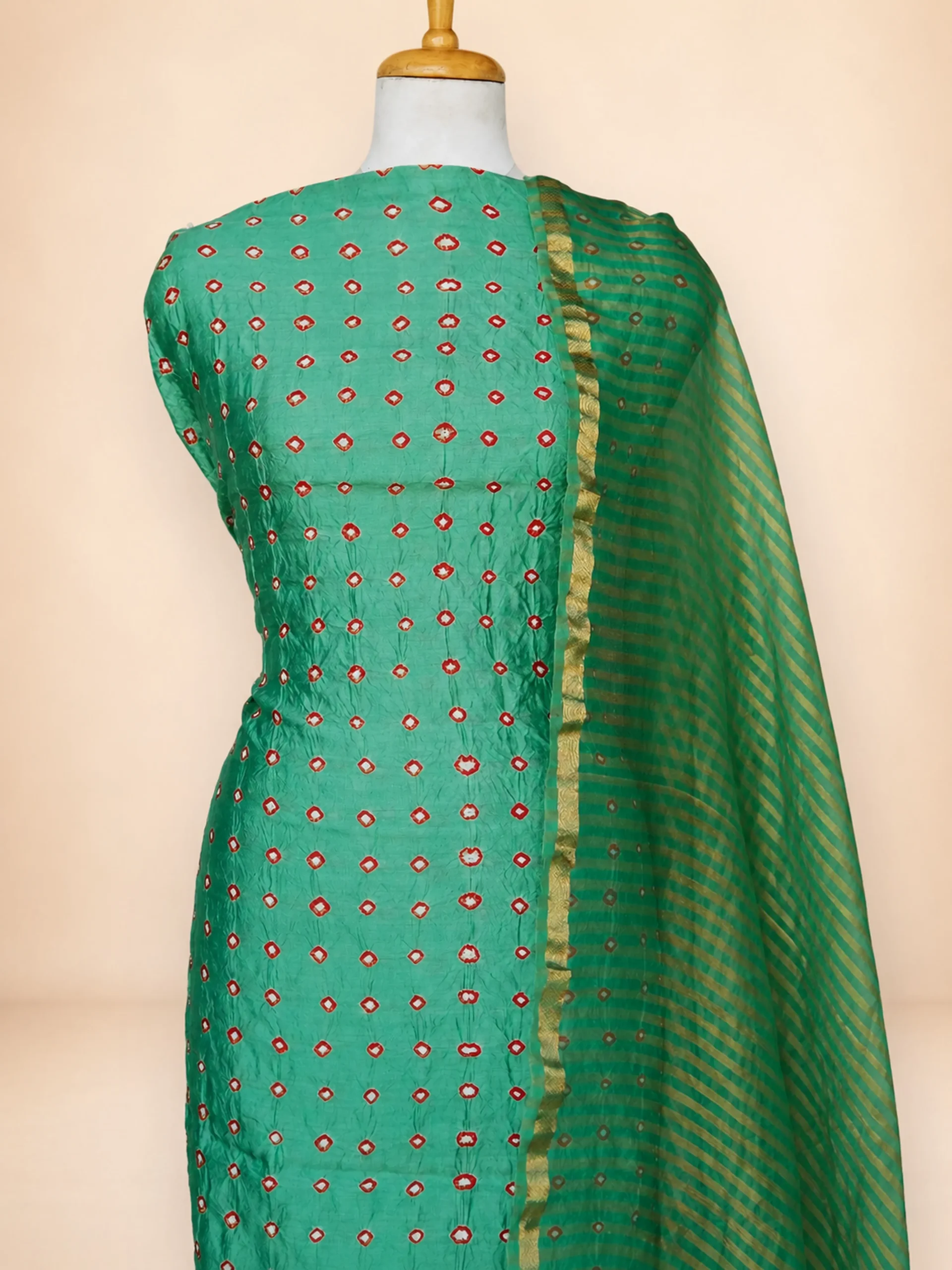 Pastel Pista Green Chiniya Silk Unstitched Suit Set with Tussar Dupatta