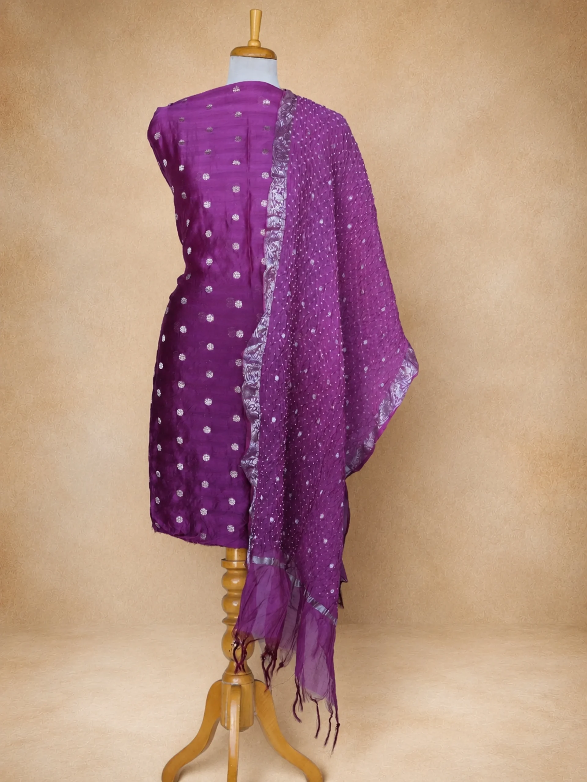 Curated Luxury Raw Silk Dress Material with Buties in Shades of Purple