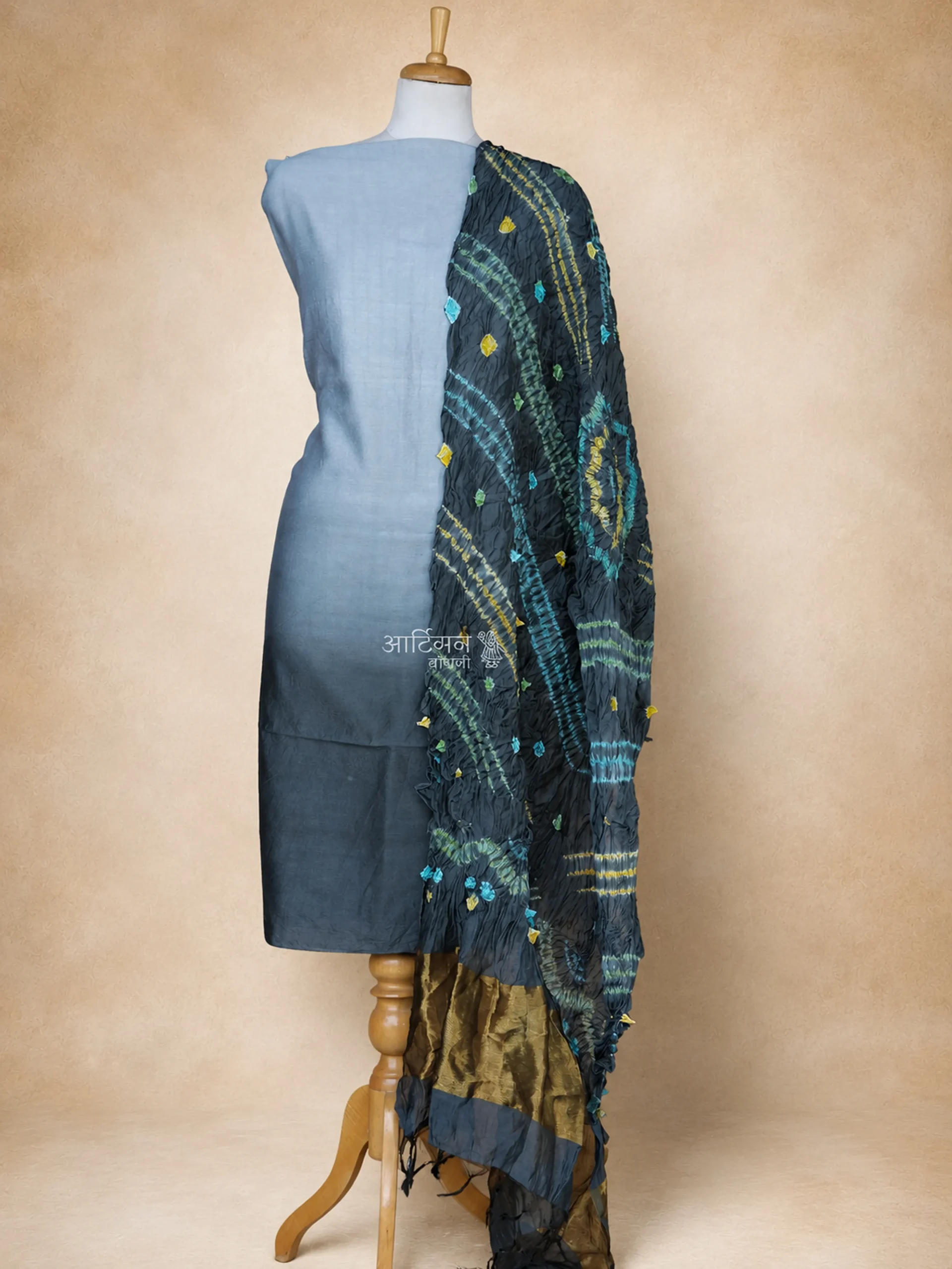 Designer Pure Chanderi Cotton Silk Dress Material in Ash Grey Tones