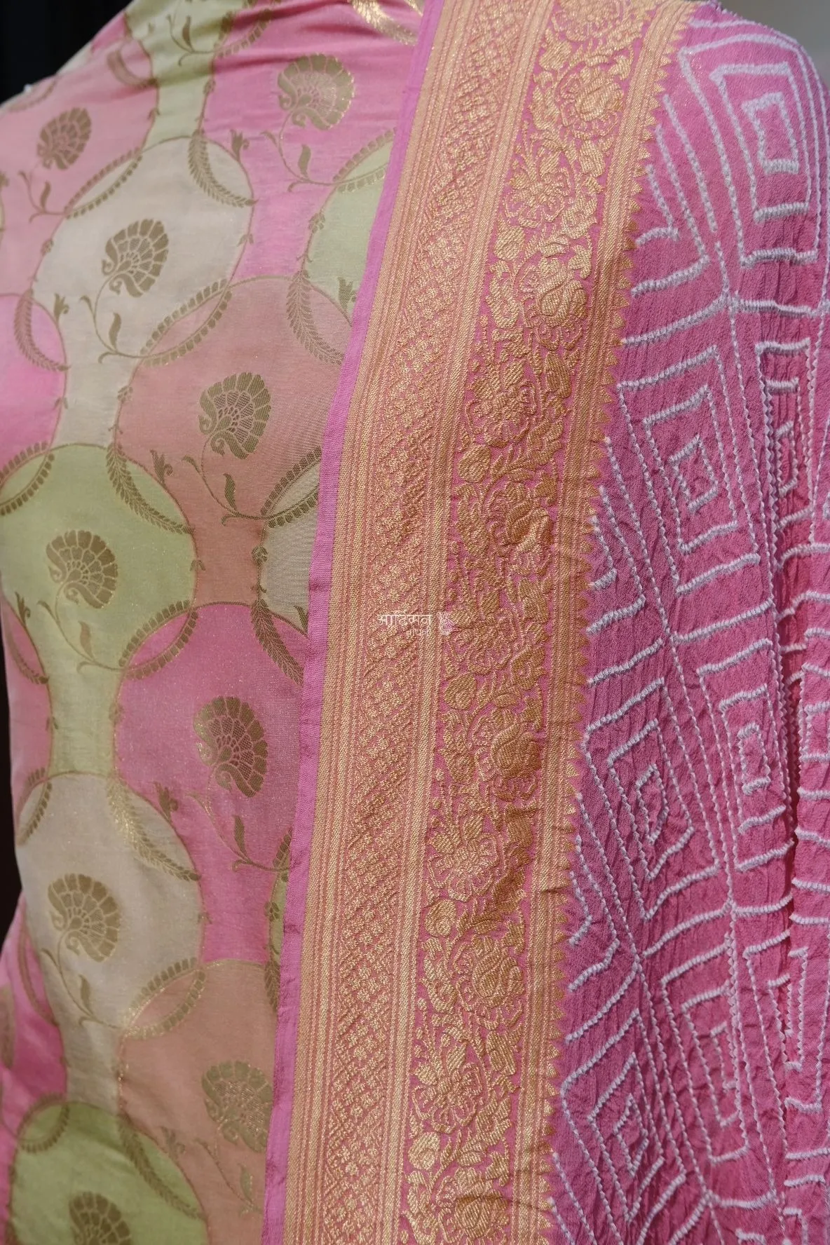 Fluid Pastel Rangkat Banarasi Top Piece – Pink, Mint & Cream
