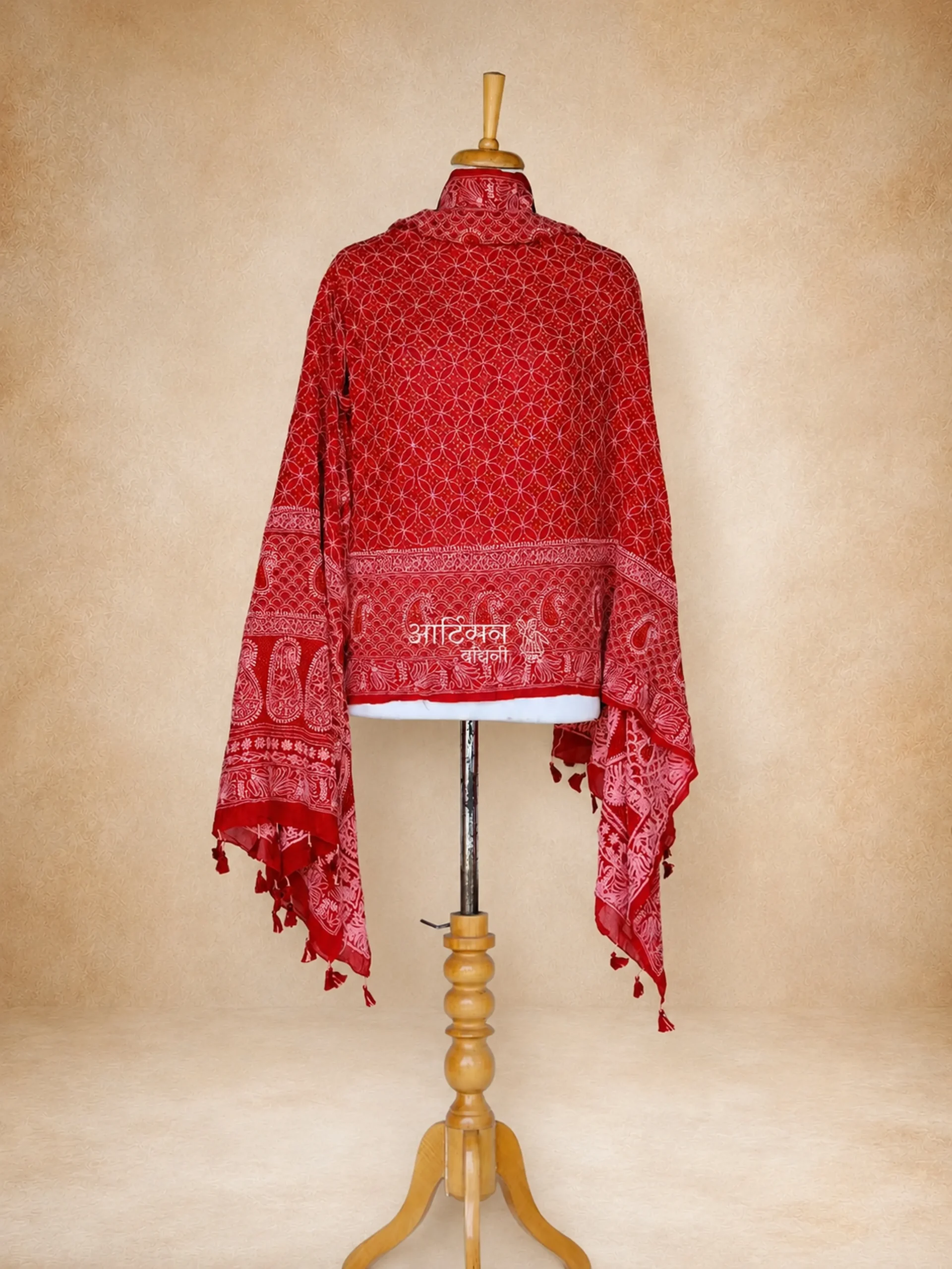 Bridal Crimson - Heavy Lakhnavi Bandhani Chiffon Georgette Dupatta