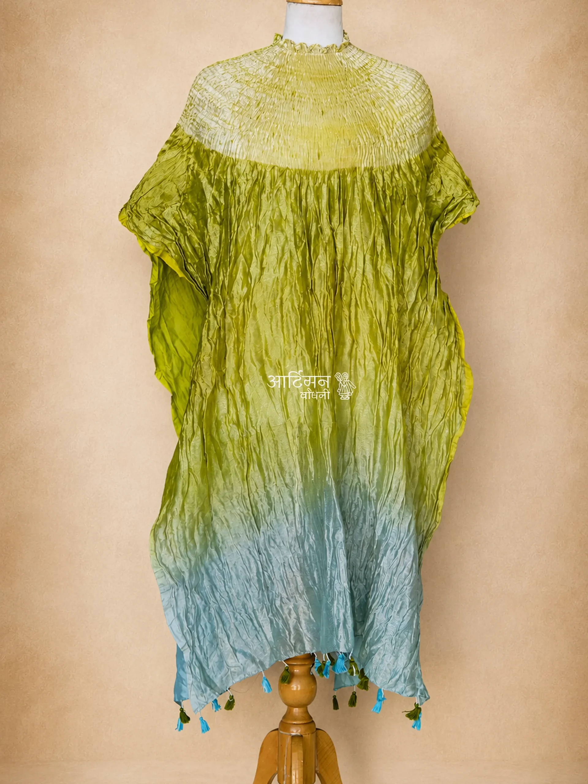 Shibori Green Front Tissue Chanderi Kaftan