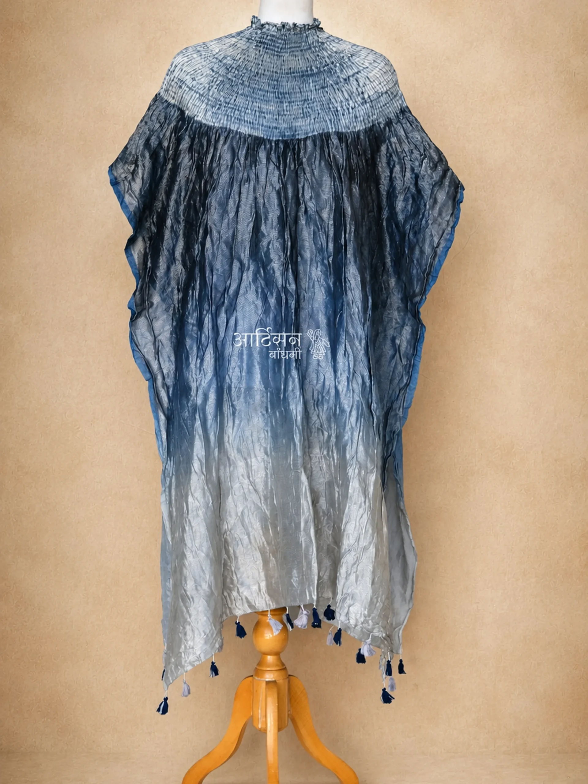 Shibori Blue Grey Front Tissue Chanderi Kaftan