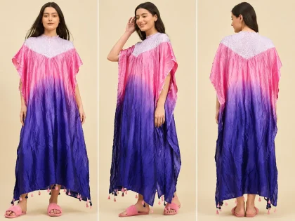 Women's Blue and Pink Shibori Chanderi Kaftan with hand-dyed gradient pattern, smocked yoke, and tassel detailing.