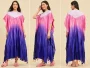 Women's Blue and Pink Shibori Chanderi Kaftan with hand-dyed gradient pattern, smocked yoke, and tassel detailing.