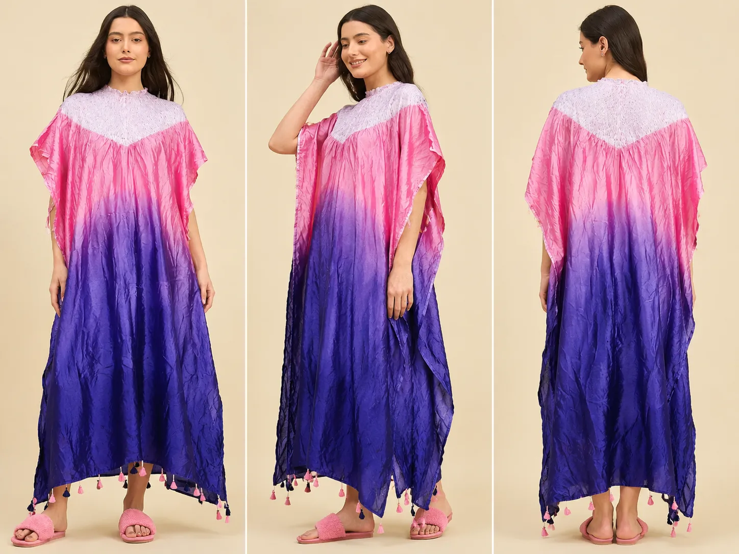 Women's Blue and Pink Shibori Chanderi Kaftan with hand-dyed gradient pattern, smocked yoke, and tassel detailing.