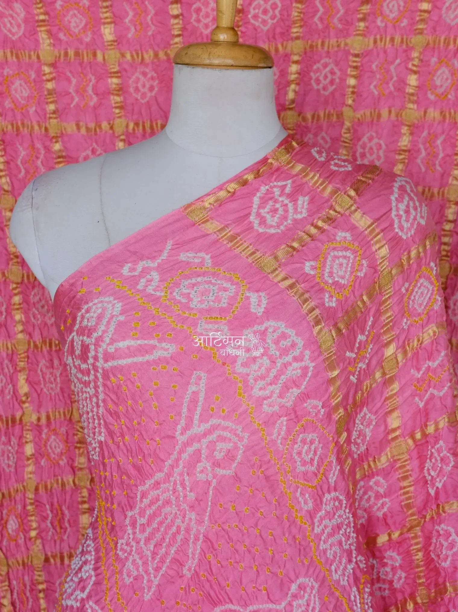 Crimson Bandhani Saree in Pure Gaji Silk