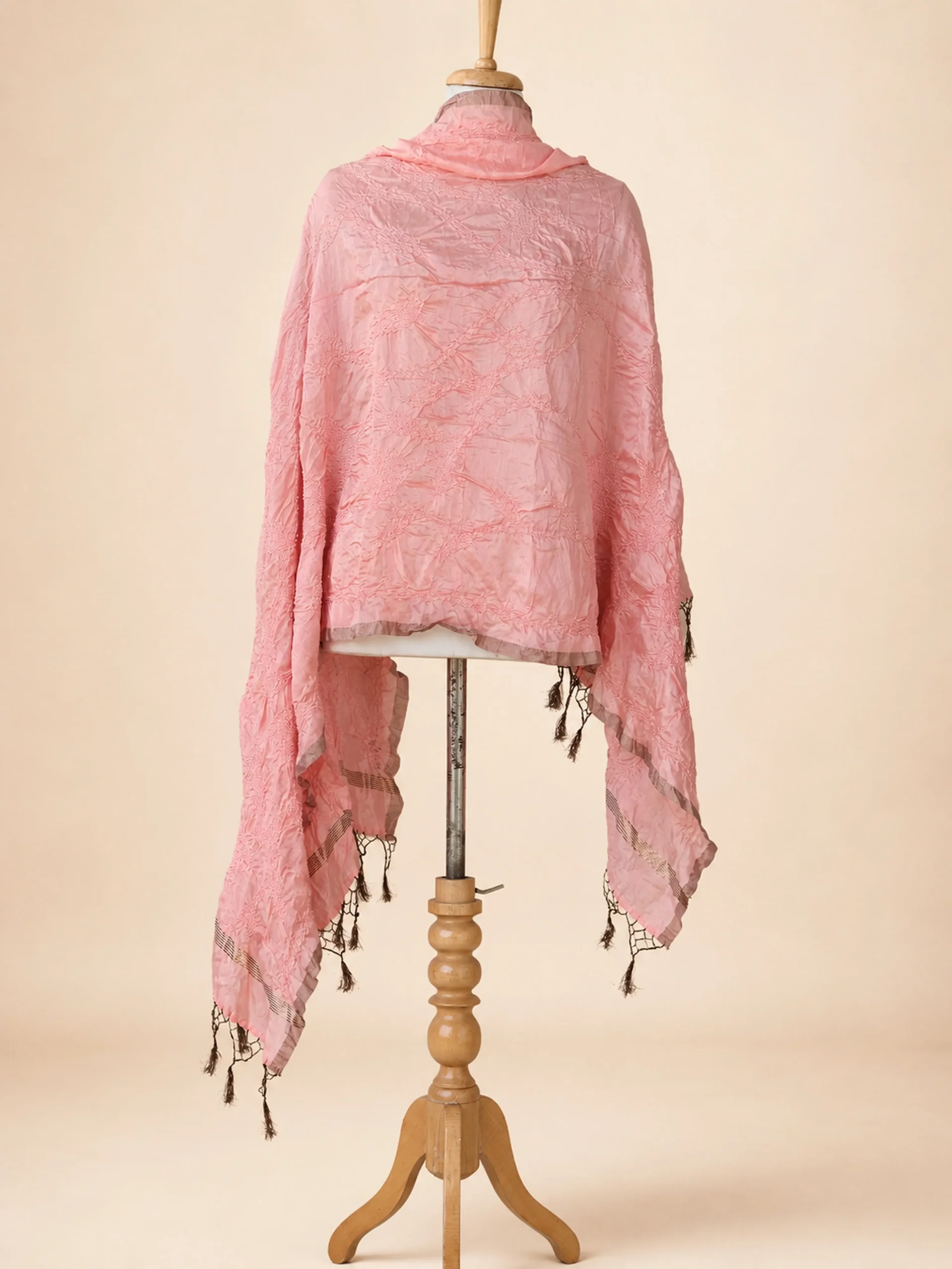 Peach Pearl – Hand-Tied Semi Gaji Silk Bandhani Dupatta