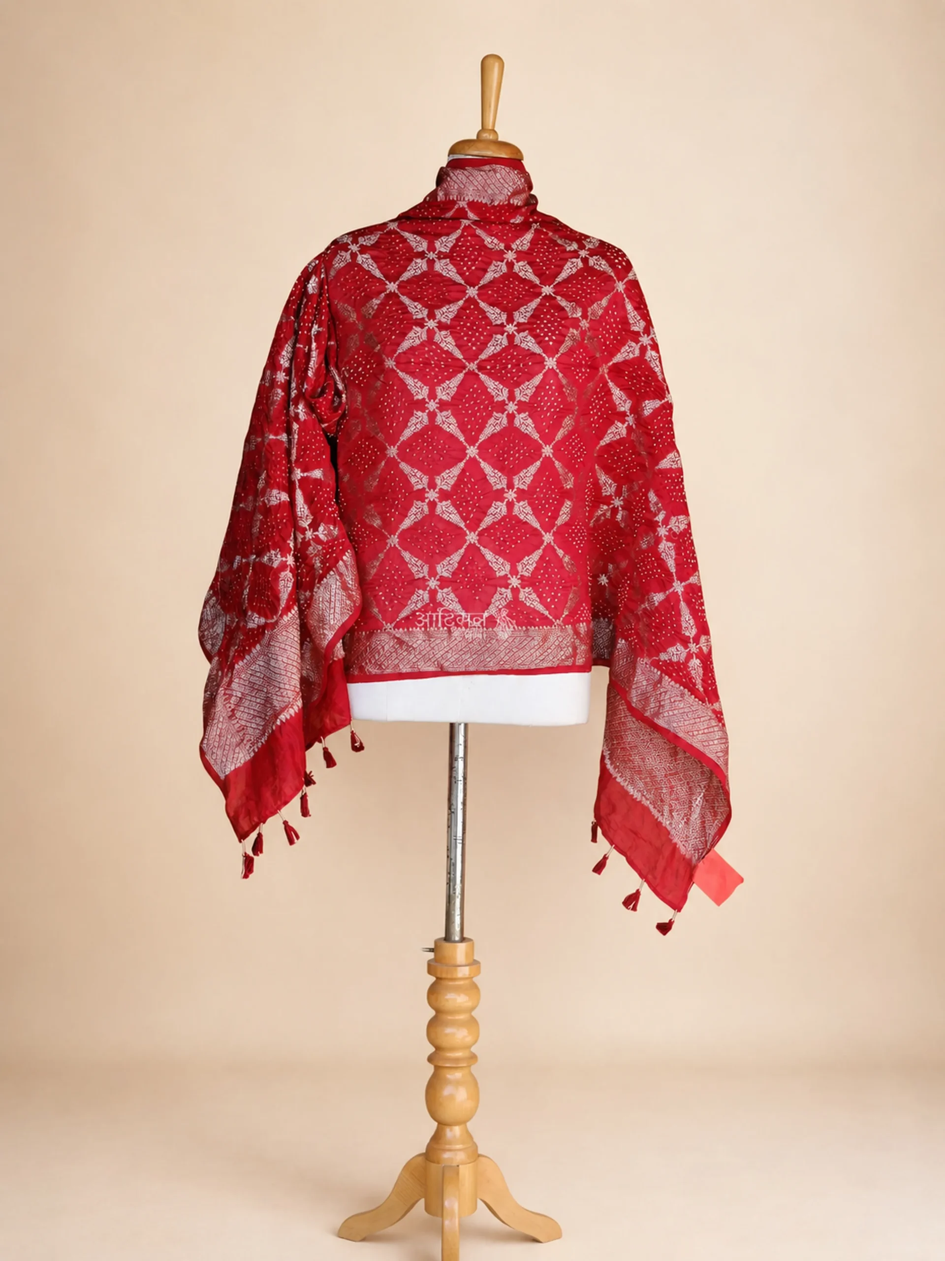 Handmade Pure Chanderi Silk Red Bandhani Dupatta
