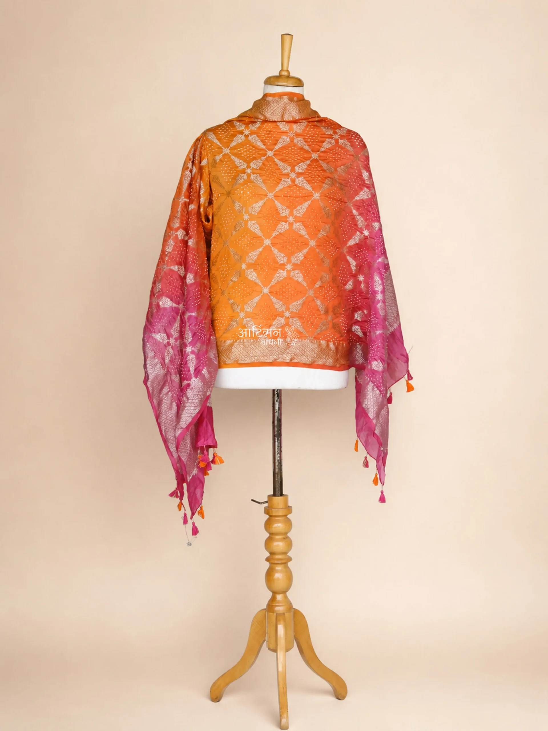 Traditional Handmade Pure Chanderi Silk Bandhani Dupatta – Orange Pink