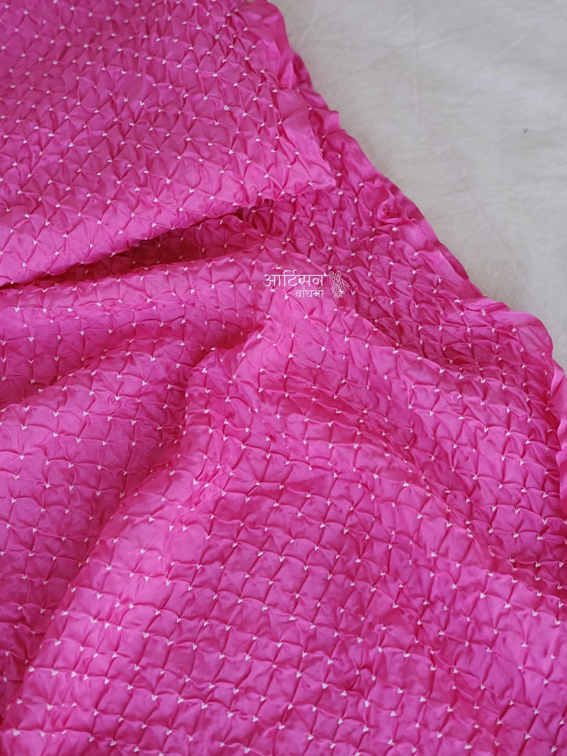 Pink Peony Habutai Silk - Artisan Hand-Tied Micro-Dana Bandhani