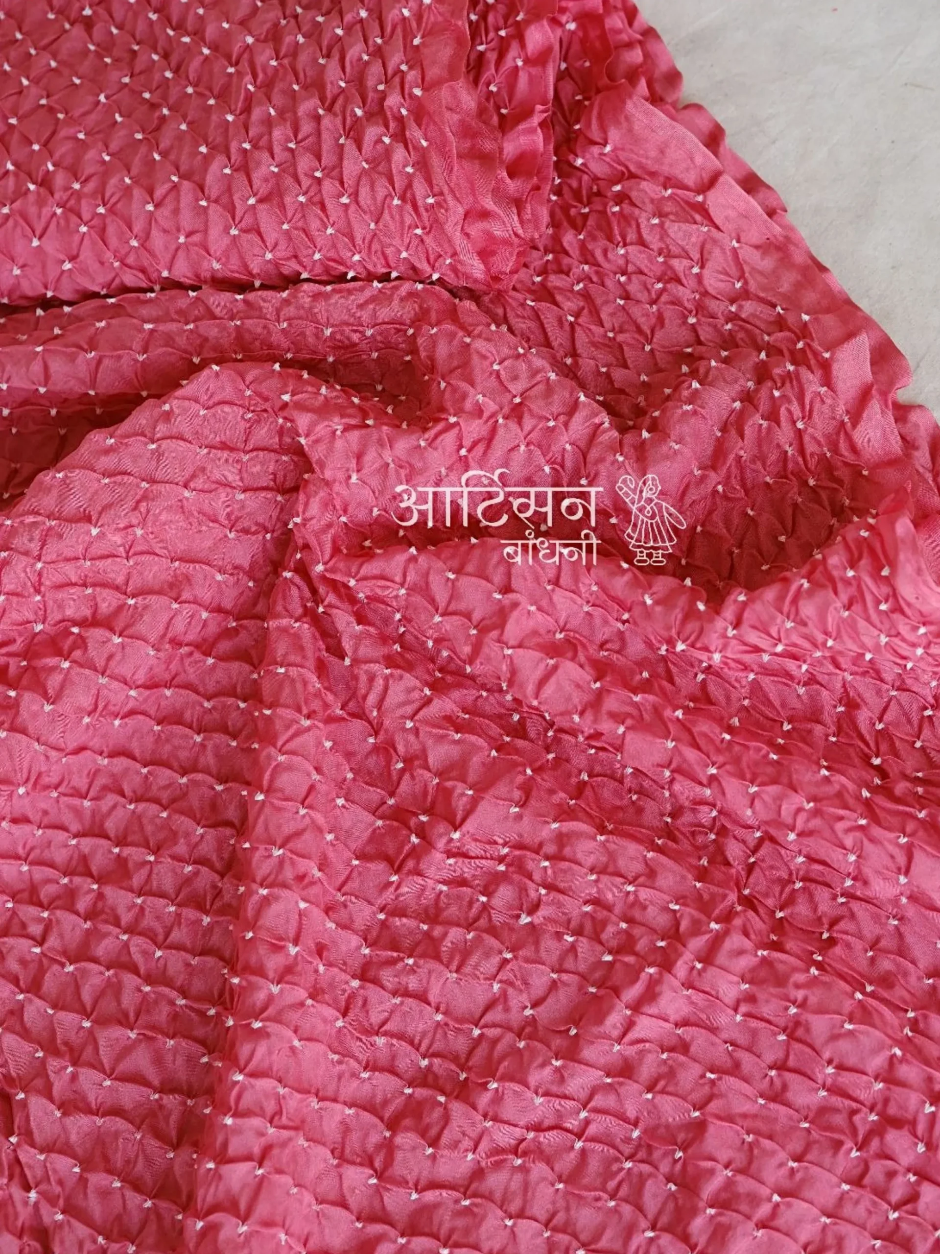 Peach Blossom Habutai - Luxury Hand-Tied Micro-Dana Bandhani Silk