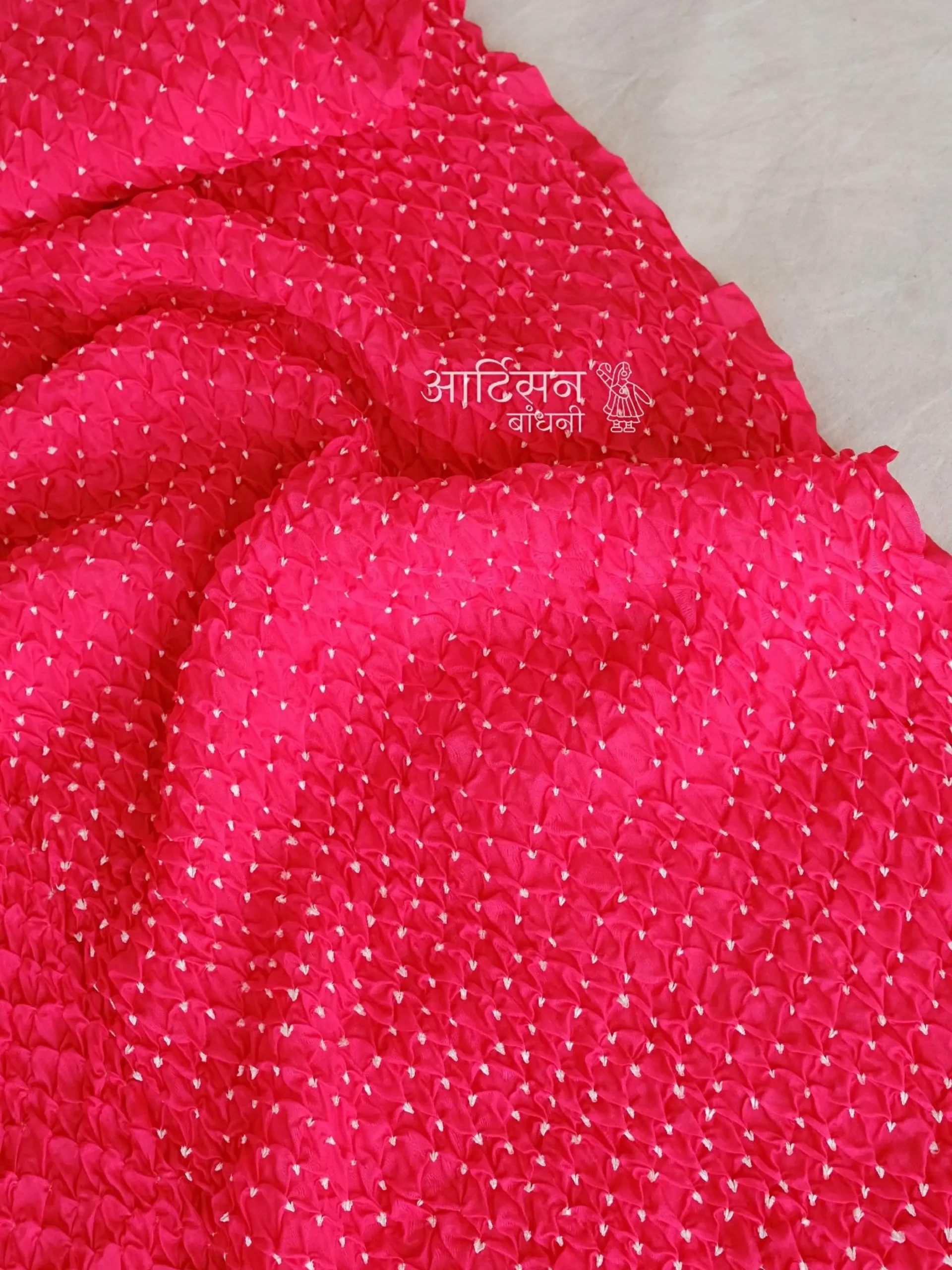 Crimson Elegance Habutai - Luxury Hand-Tied Micro-Dana Bandhani Silk