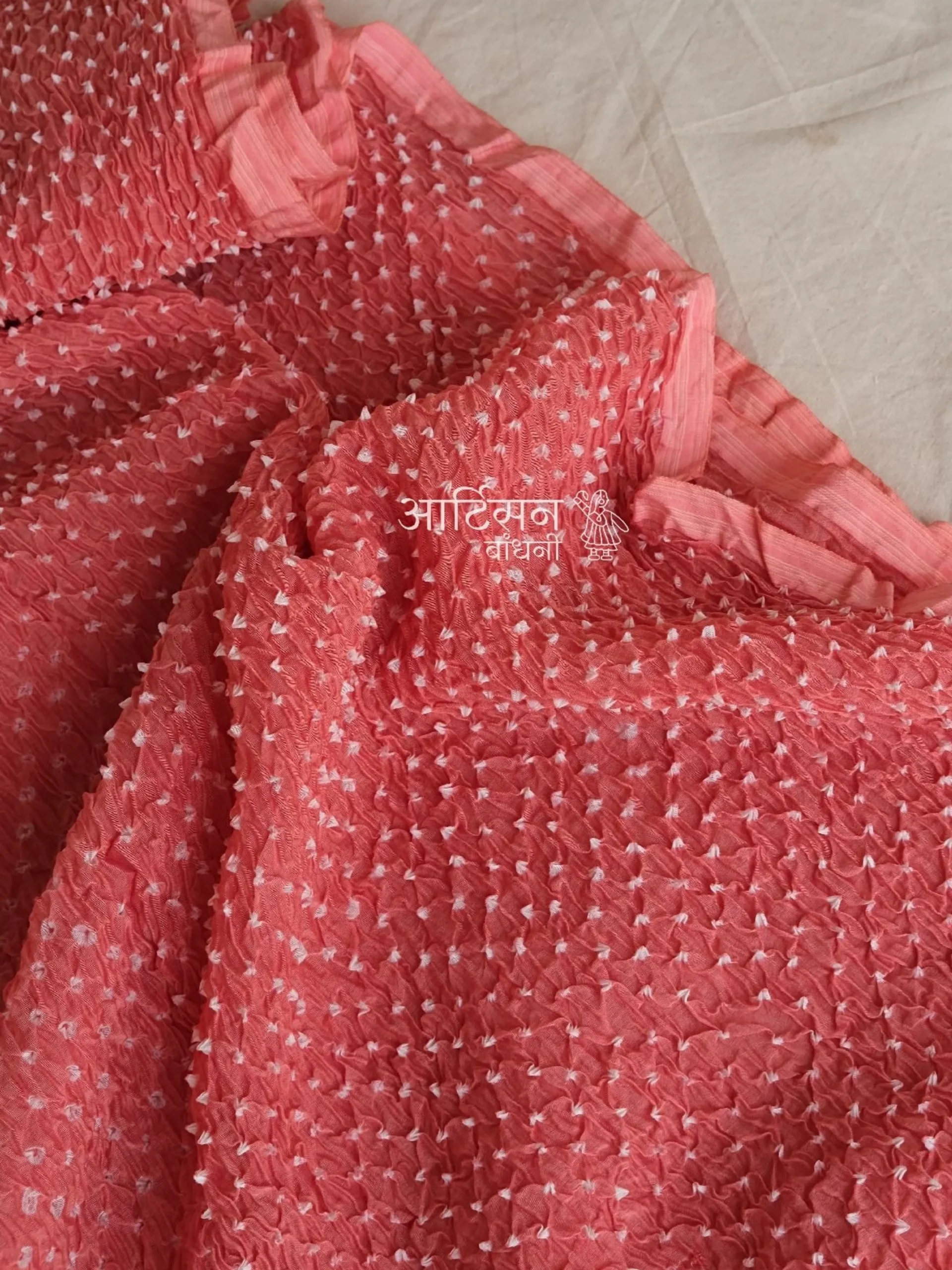 Coral Reef Mul Chanderi - Artisan Hand-Tied Bandhani Fabric