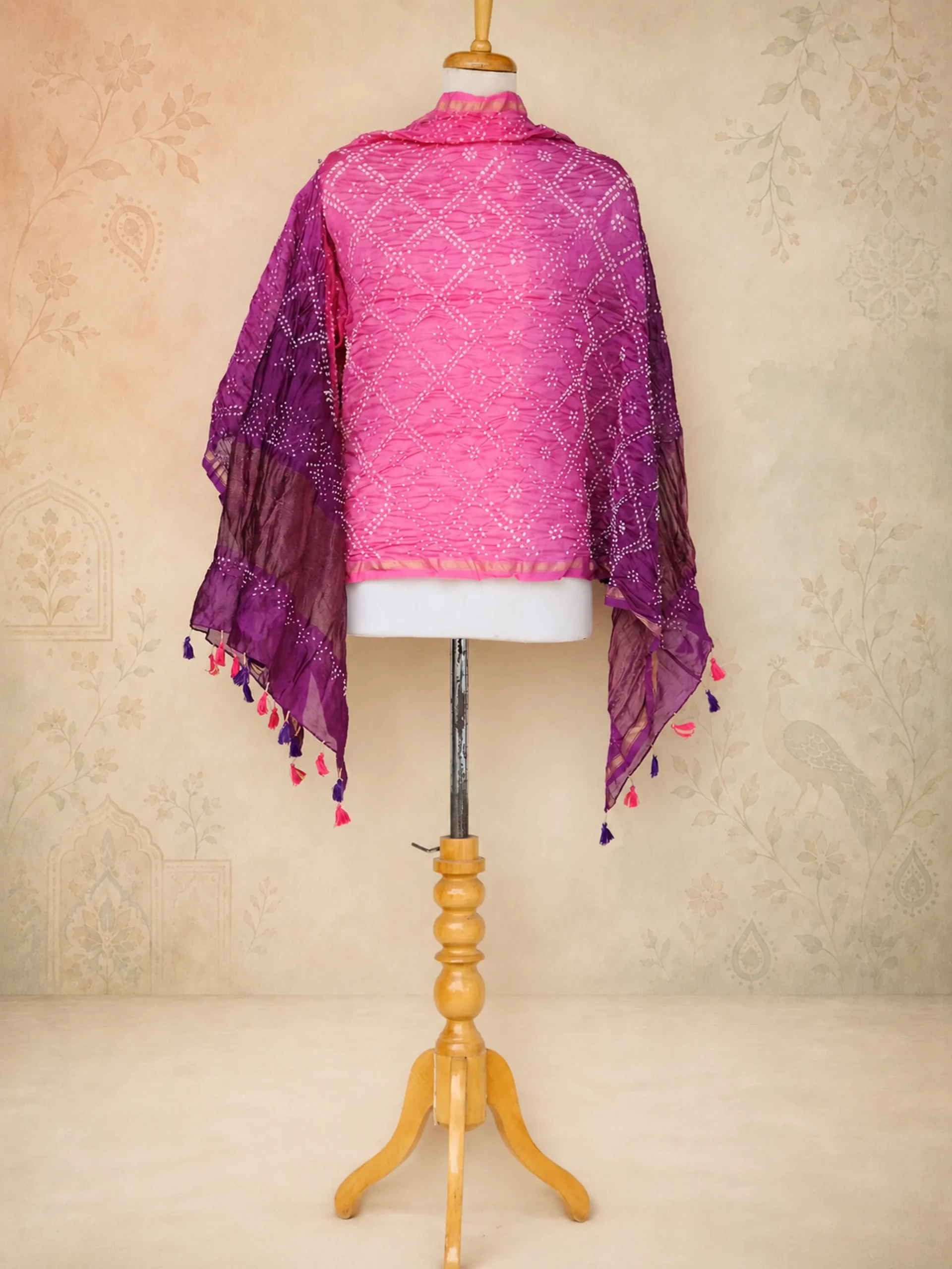 Artisan-TiedPure Chanderi Silk Dupatta – Old Rose and Midnight Plum