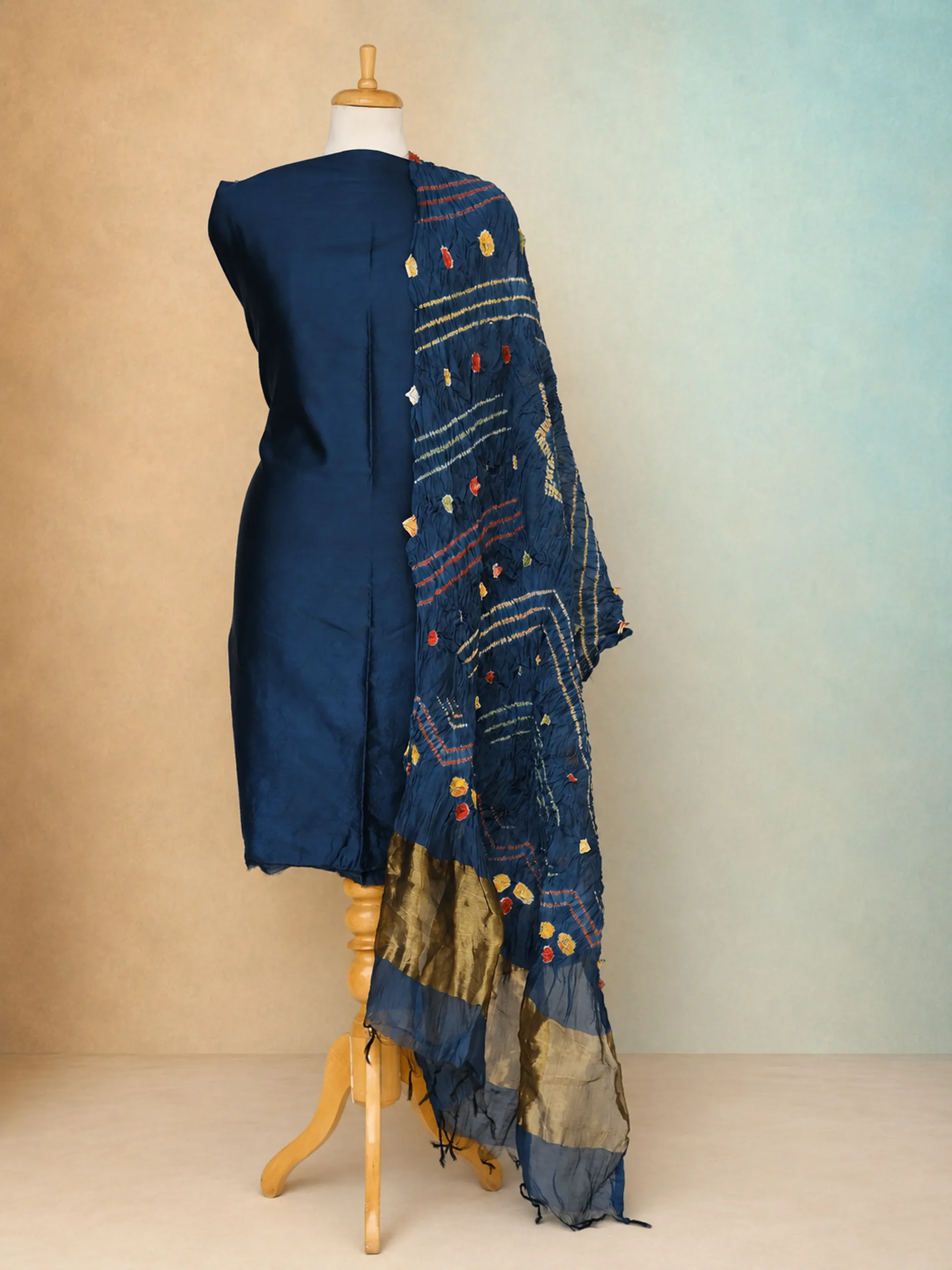 Noorani Indigo - Authentic Chanderi Silk Unstitched Top Dupatta Set for Women