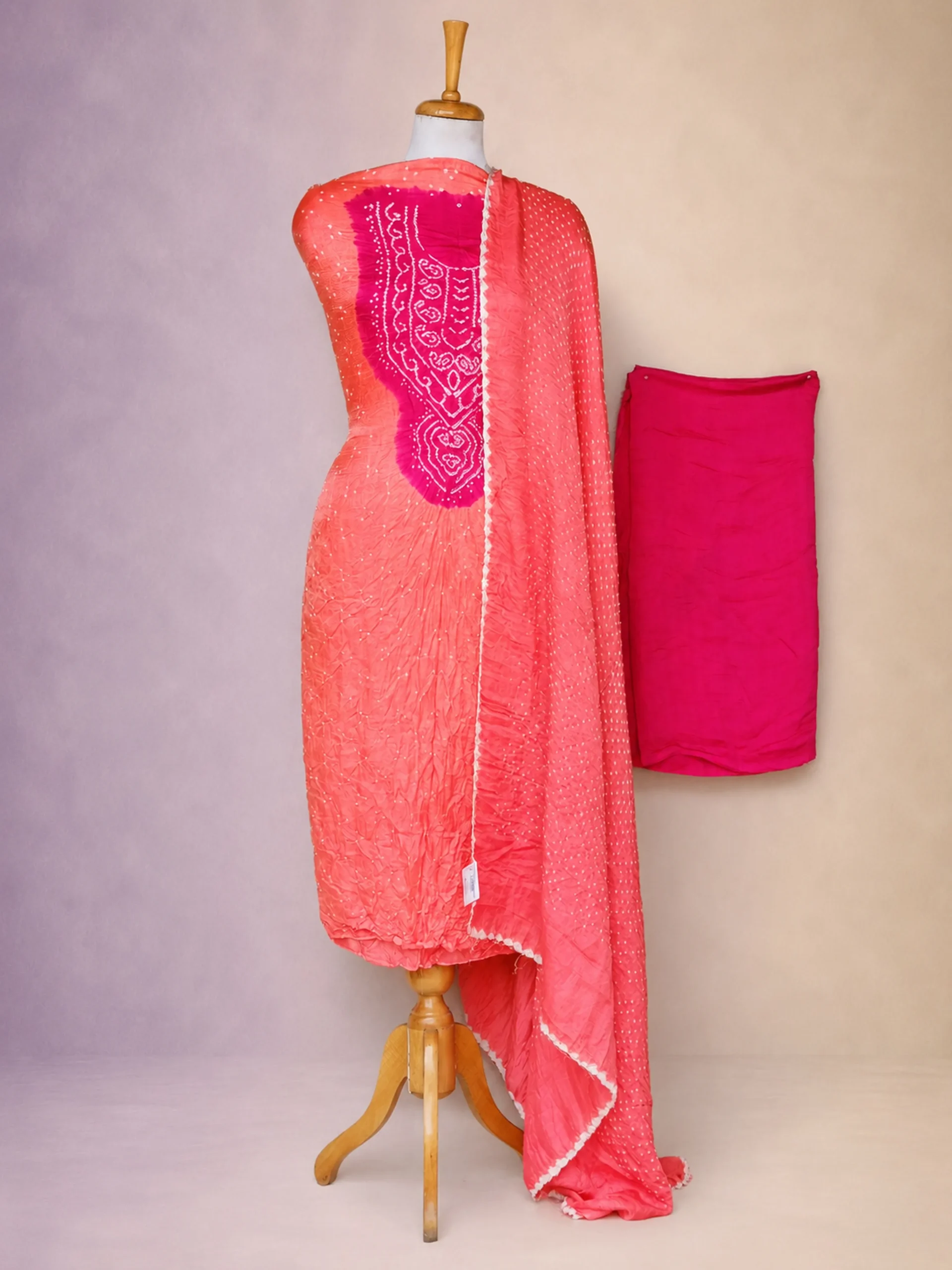 Luxury Hand-Dyed Saffron Pink and Pale Peach Pure Gaji Silk Dress Material