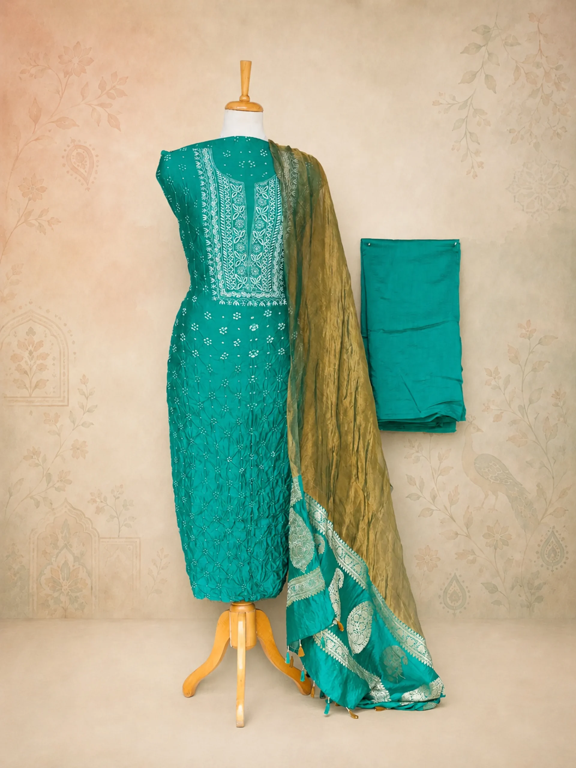Pure Munga Silk Chikankari Dress Material with Tussar Dupatta in Mulberry Green