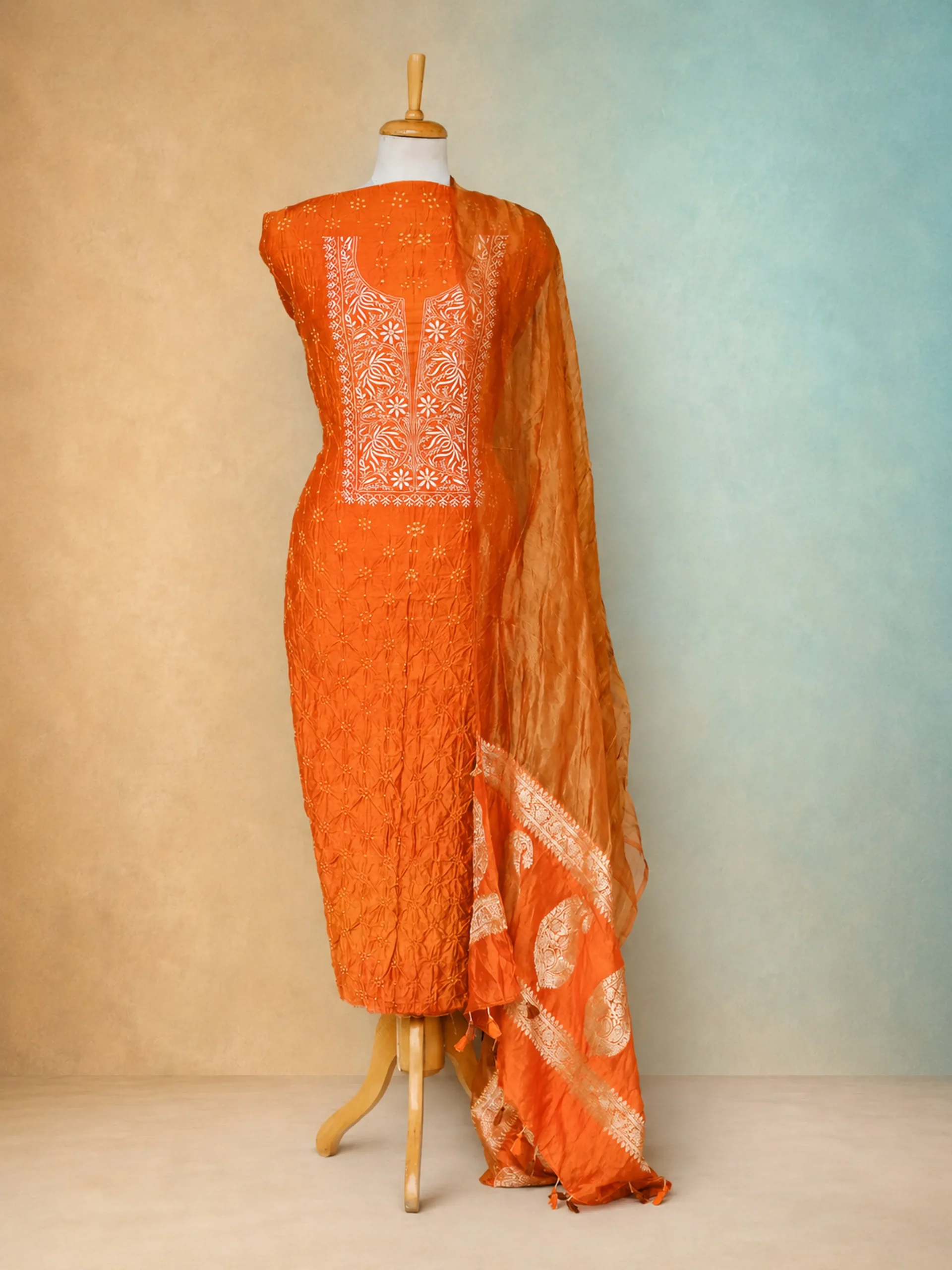 Exclusive Orange Chikankari Munga Silk Unstitched Salwar Suit Set