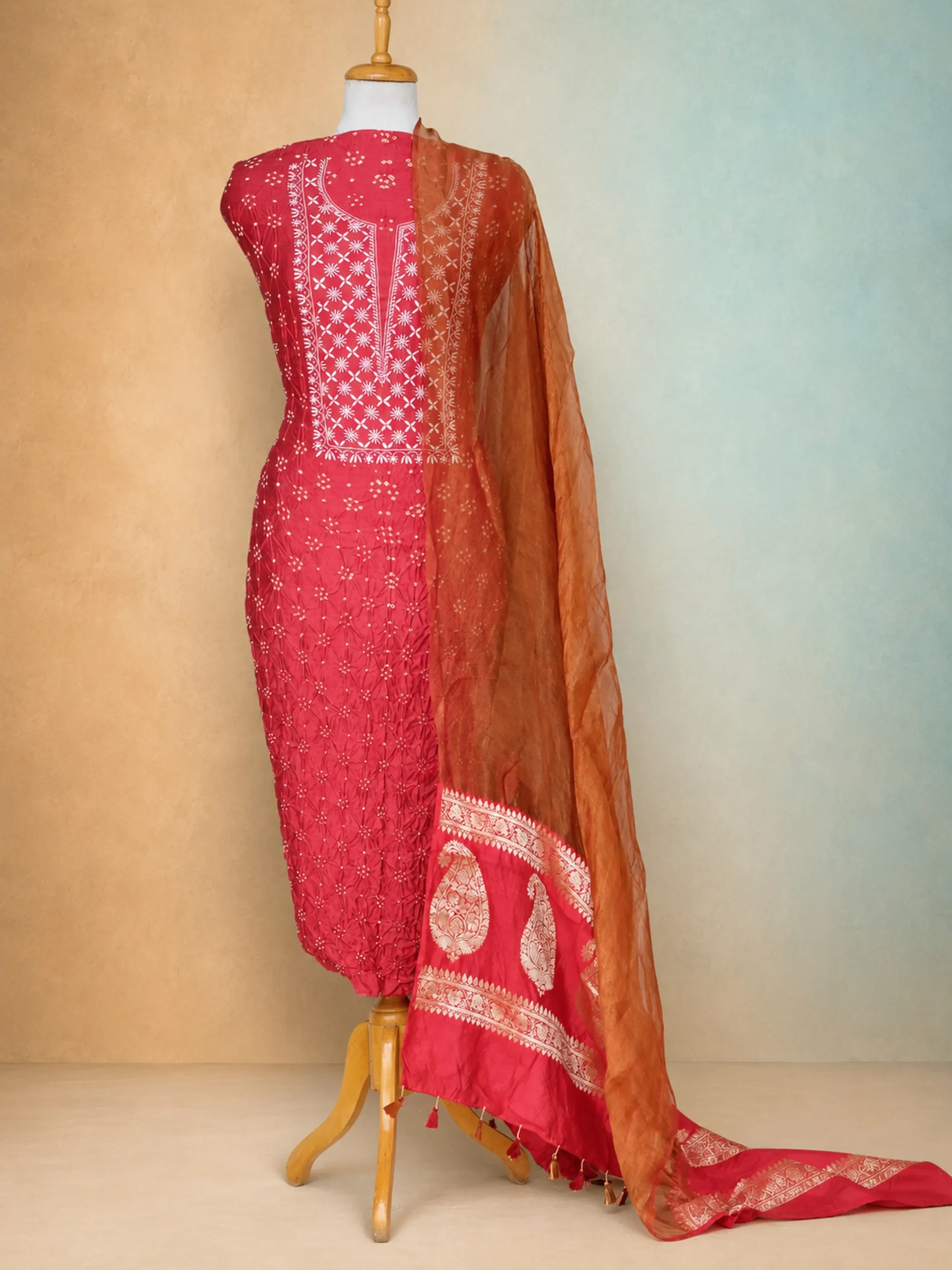 Roohani Red - Premium Chikankari Munga Silk Top and Tissue Silk Dupatta Fabric Set