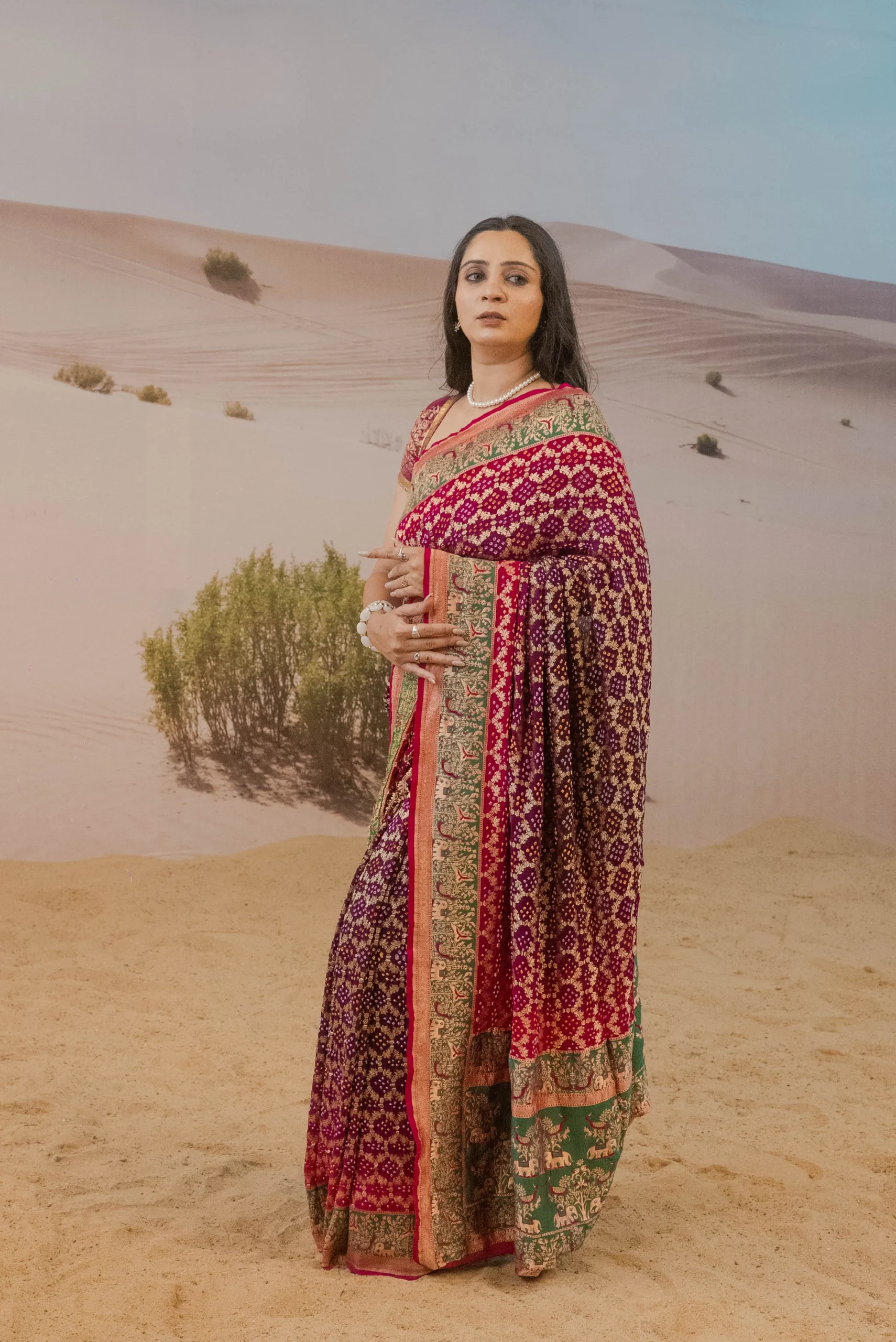 Alfi Border Bandhani Sari with Rich Palllu